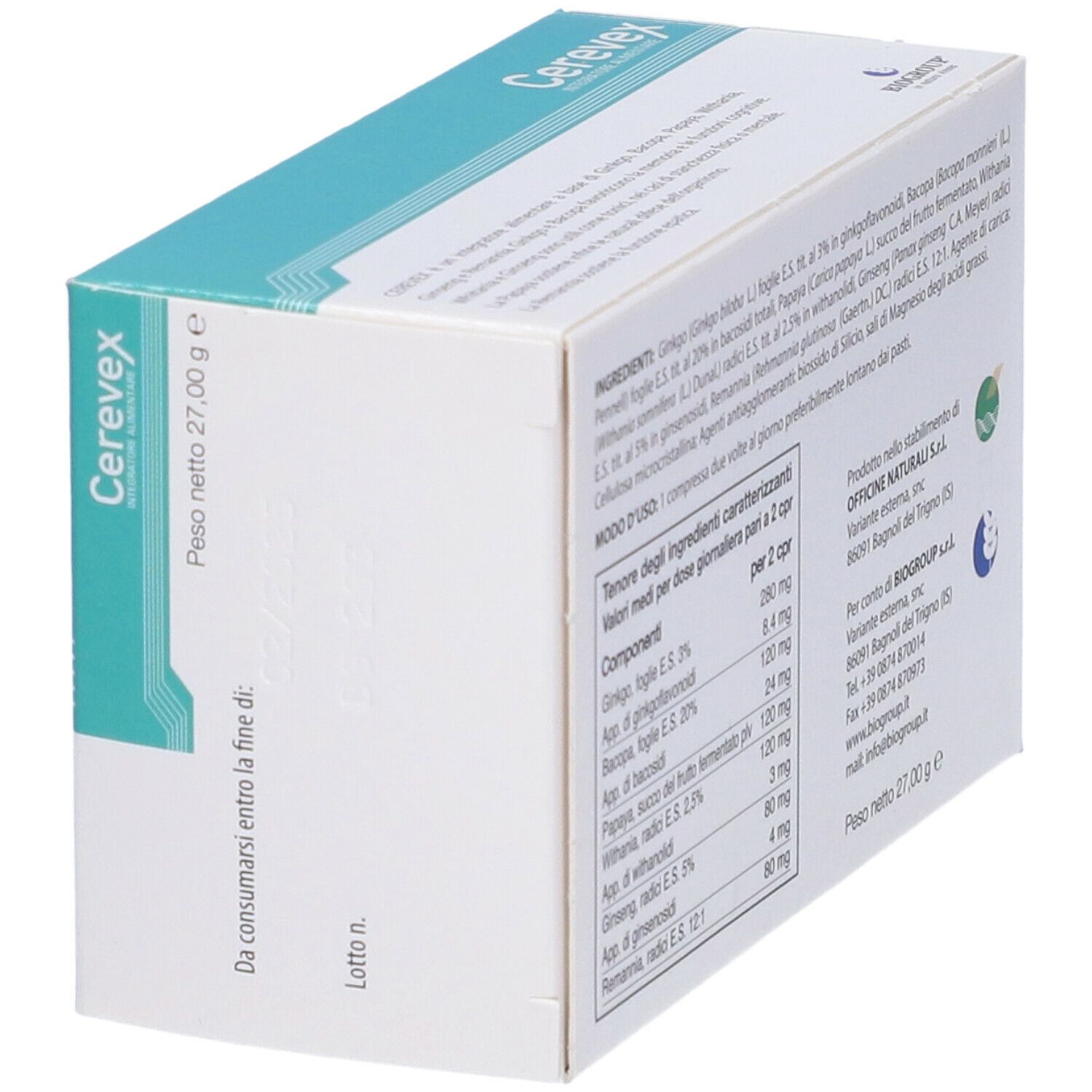 Retro della confezione Cerevex. Contiene ingredienti, dosaggio e informazioni produttore.
