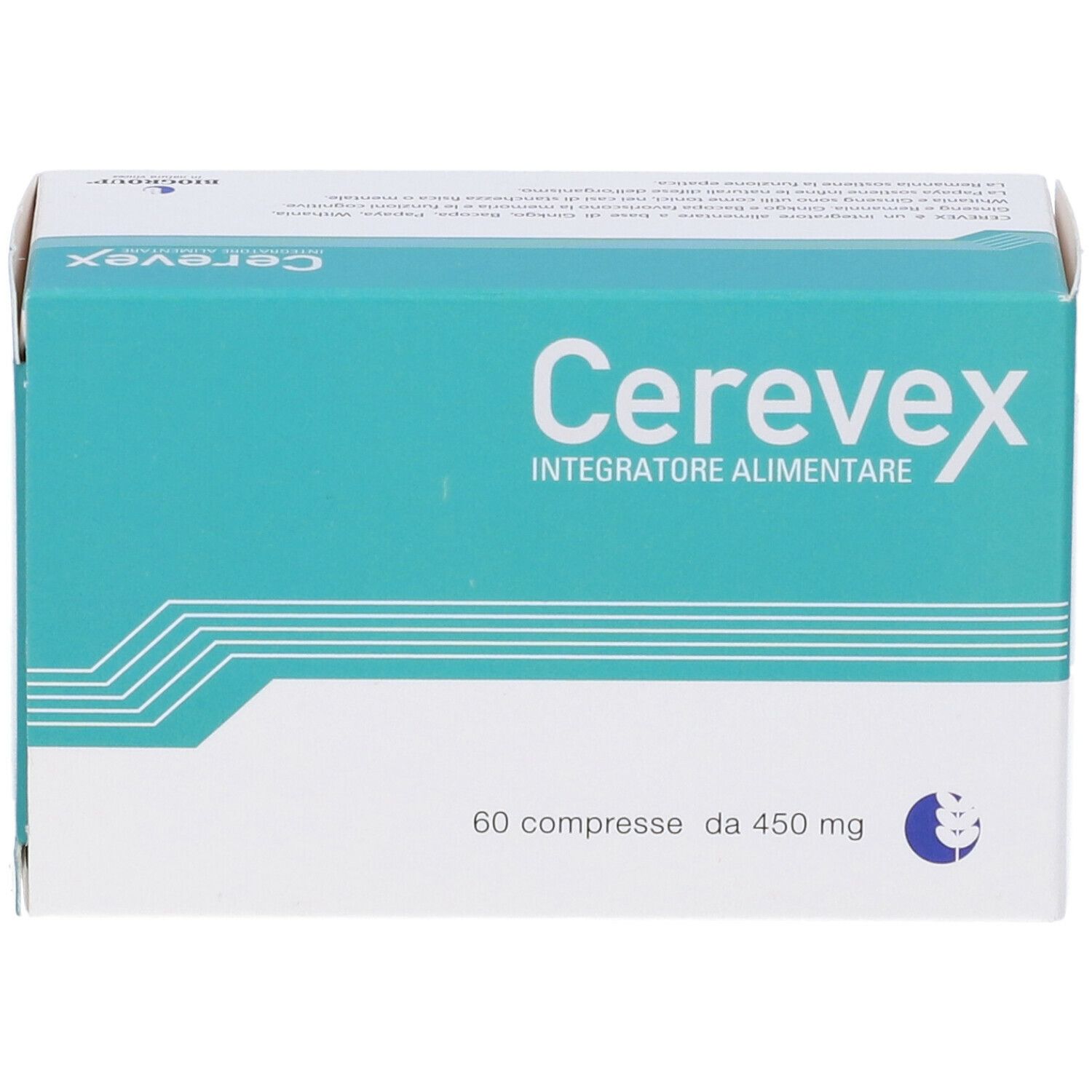 Confezione Cerevex, 60 compresse. Scatola turchese e bianca con nome e dettagli.