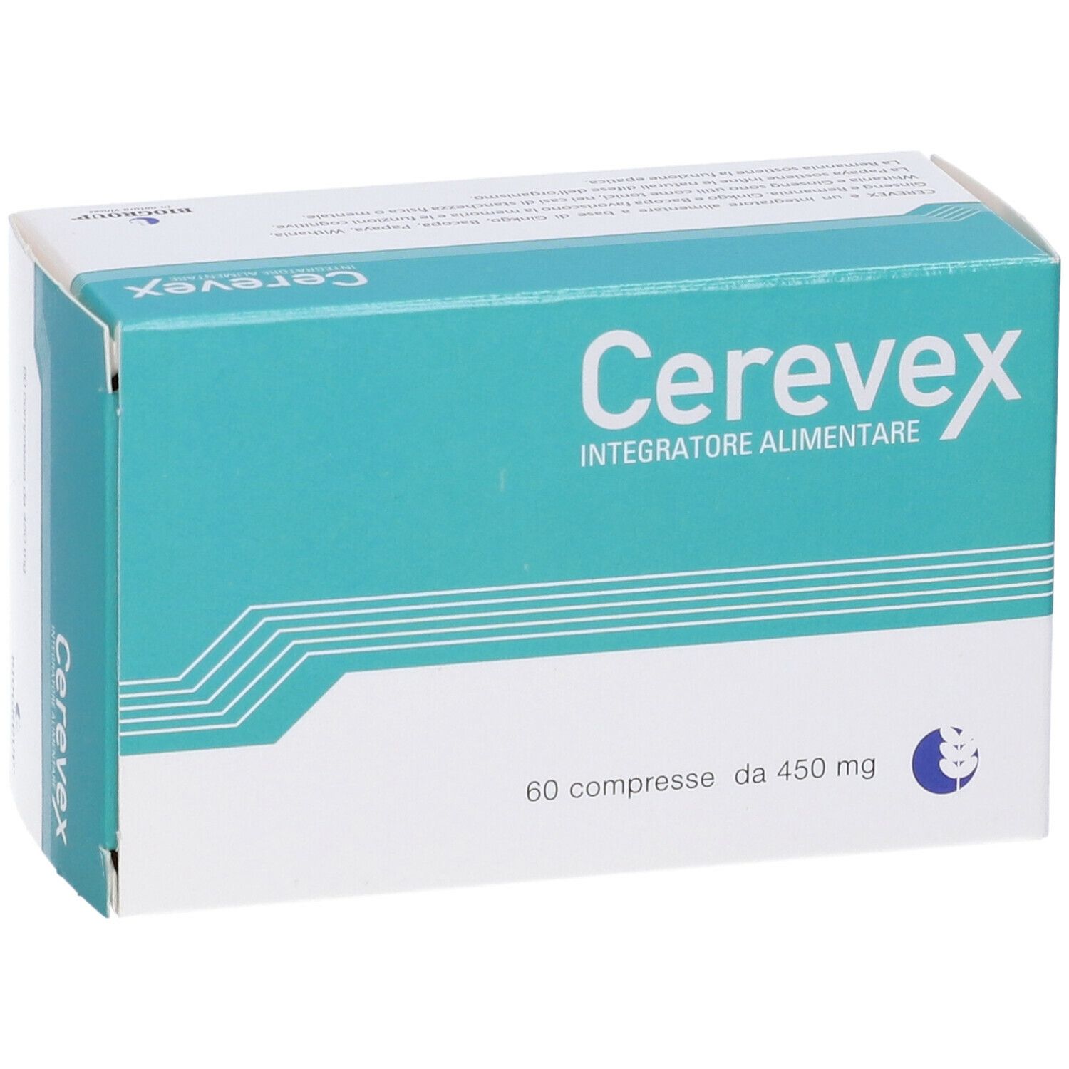 Confezione Cerevex, 60 compresse. Scatola turchese e bianca con nome e dettagli.