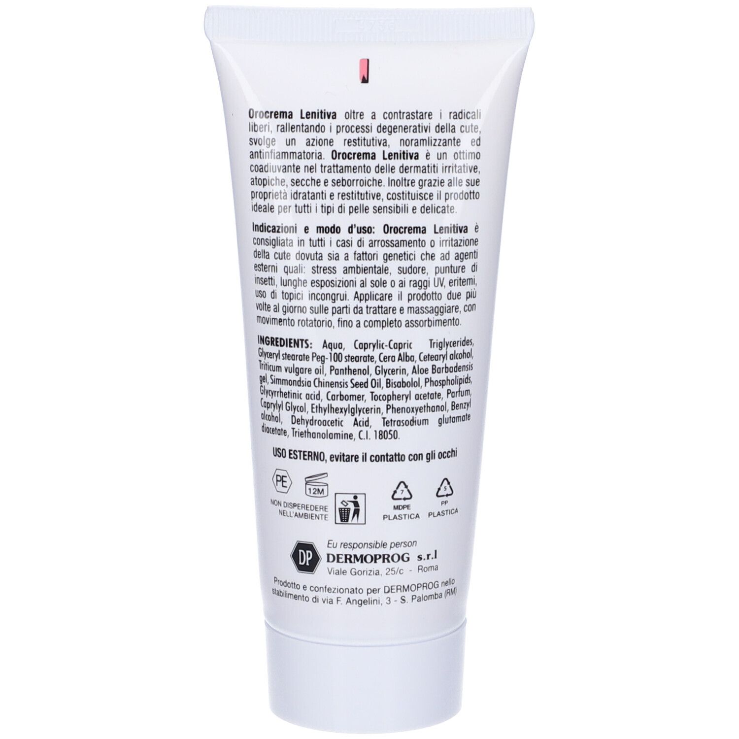 Retro del tubo. Testo in italiano. Ingredienti e informazioni del produttore visibili.