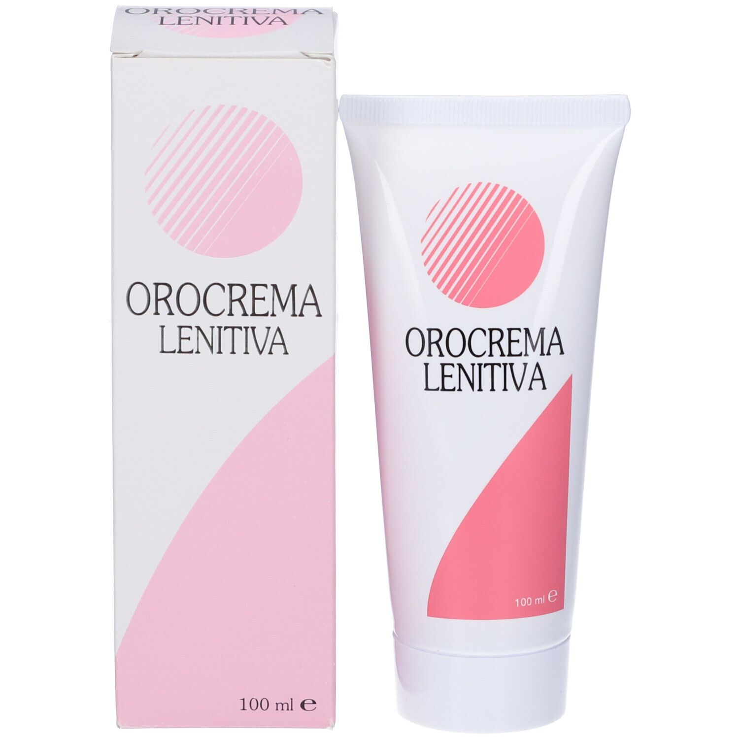 Confezione del prodotto con tubo e scatola. Entrambi mostrano il nome del prodotto Orocrema Lenitiva ed elementi rosa.