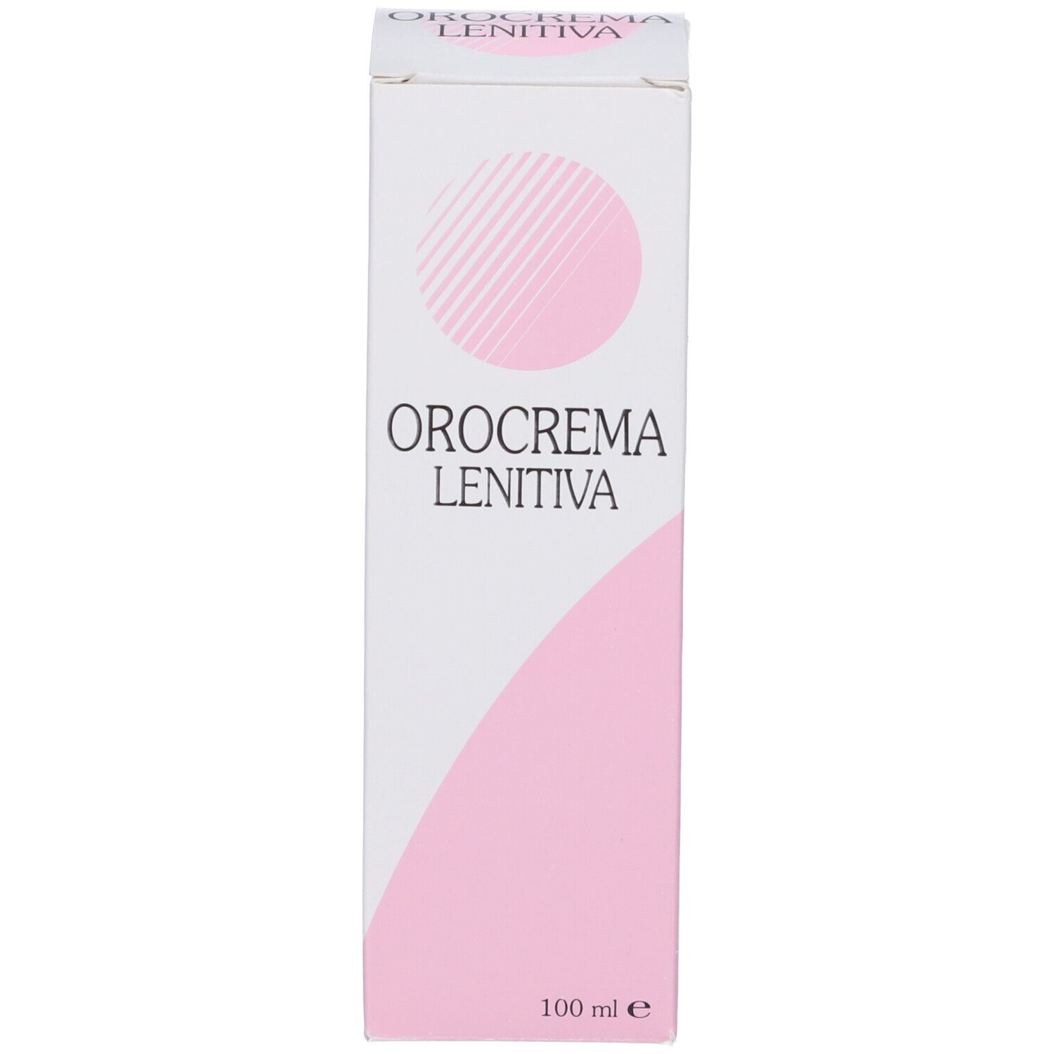 Confezione prodotto stretta e alta. Bianca con elementi rosa e il nome del prodotto Orocrema Lenitiva.