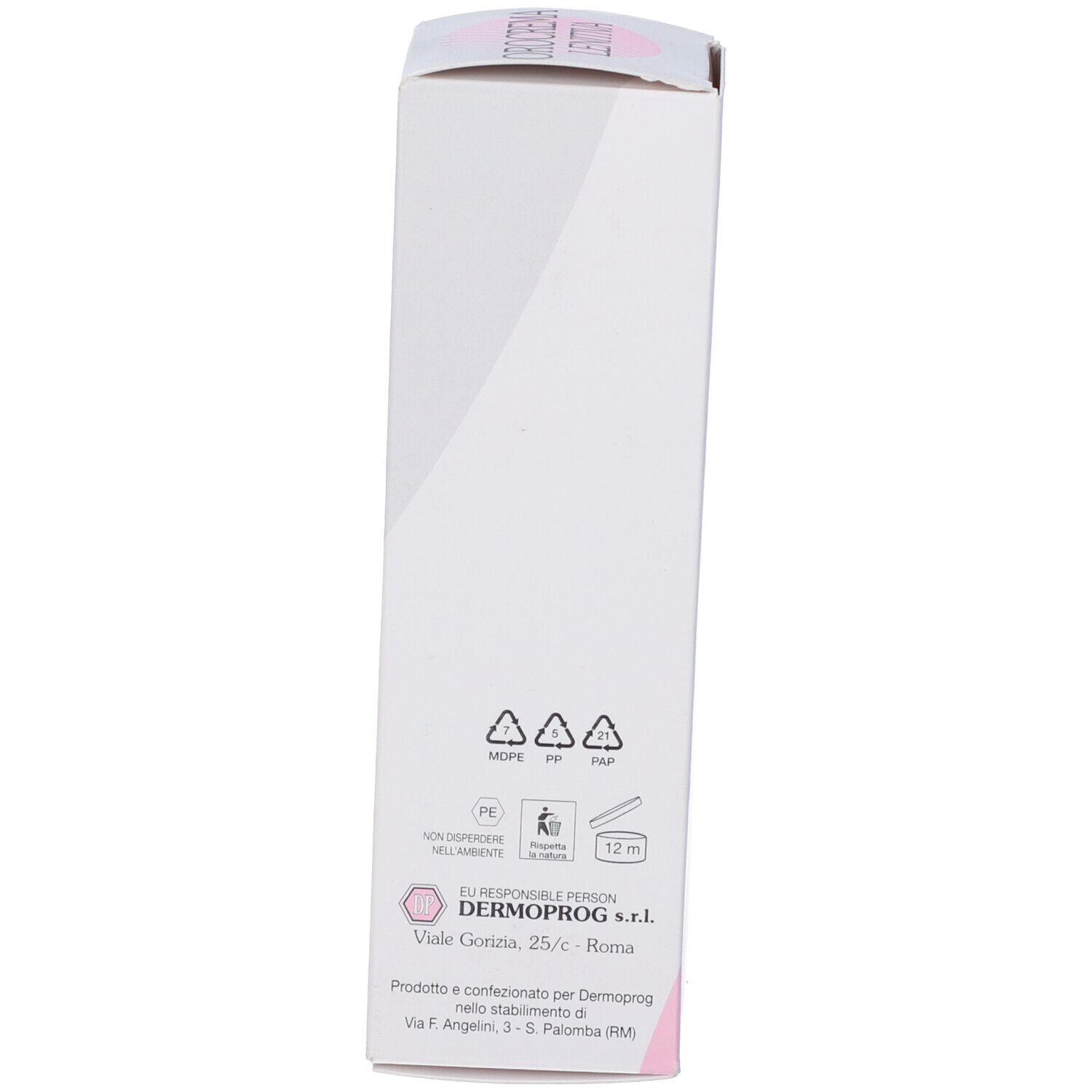 Retro della confezione del prodotto. Informazioni del produttore e simboli di riciclaggio visibili.