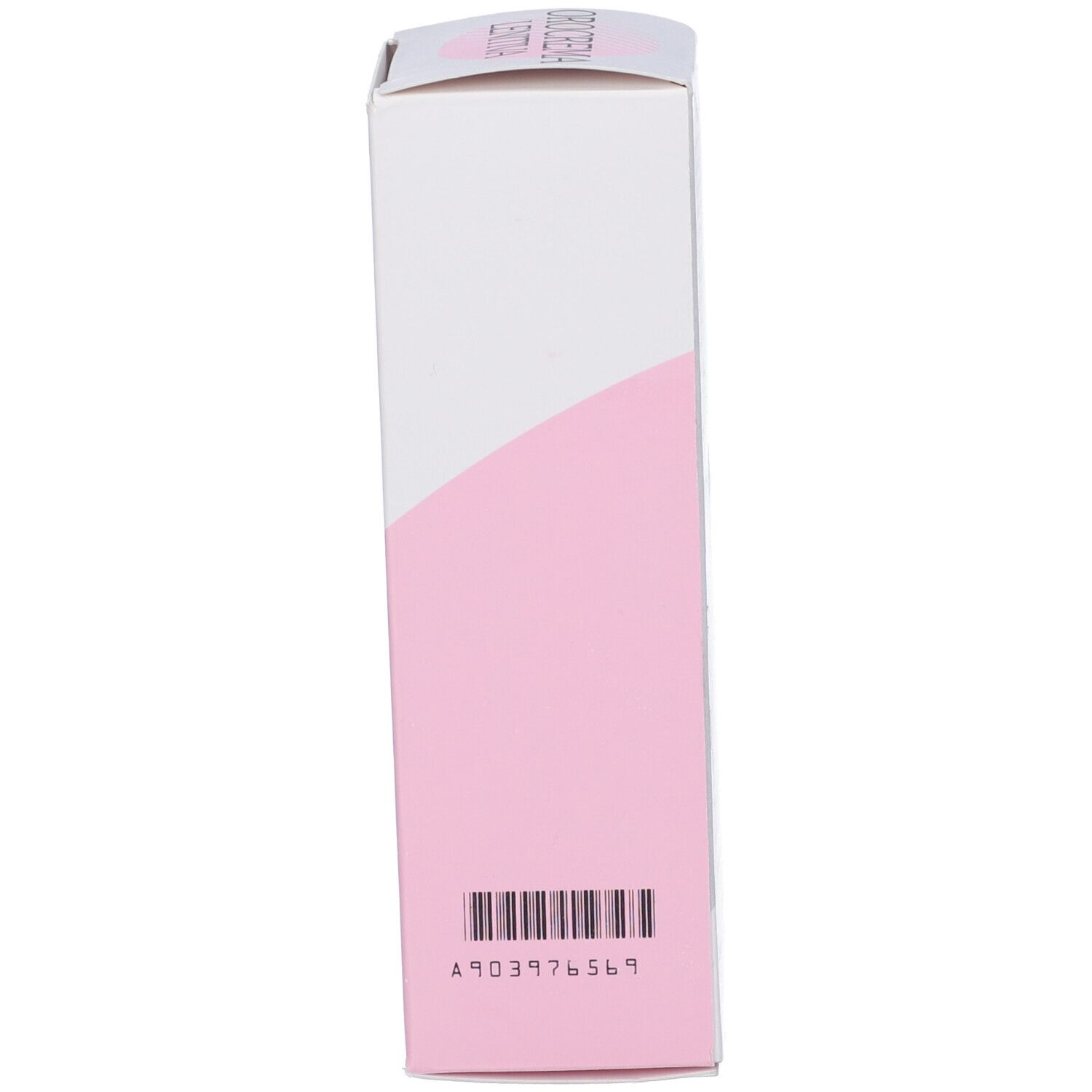 Vista laterale della confezione del prodotto. Codice a barre ed elementi rosa visibili.