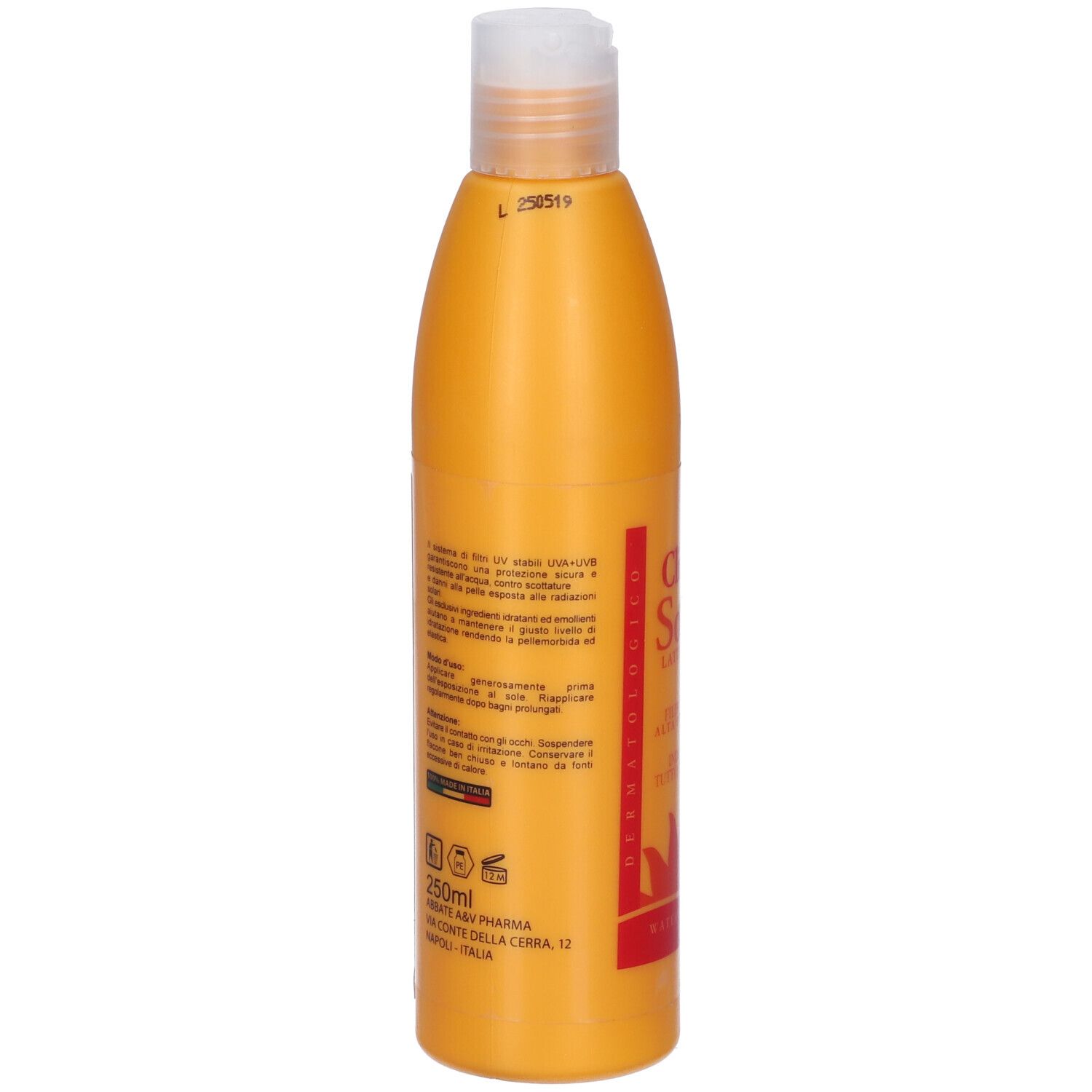 Retro di un flacone arancione Clinnix Soleil Latte con testo e codice a barre. Indicazione 250ml visibile.