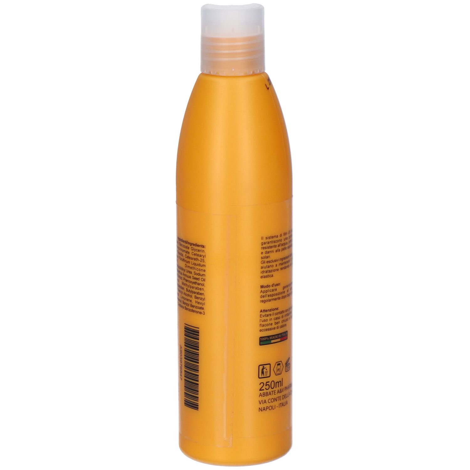 Vista laterale di un flacone arancione Clinnix Soleil Latte con testo e codice a barre. Indicazione 250ml visibile.