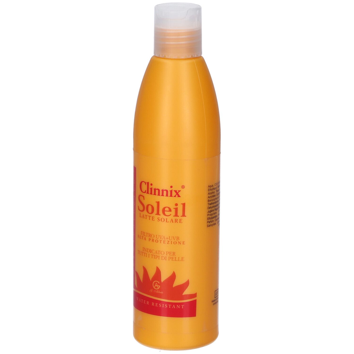 Flacone arancione Clinnix Soleil Latte con tappo bianco. Etichetta rossa con simbolo solare e testo.