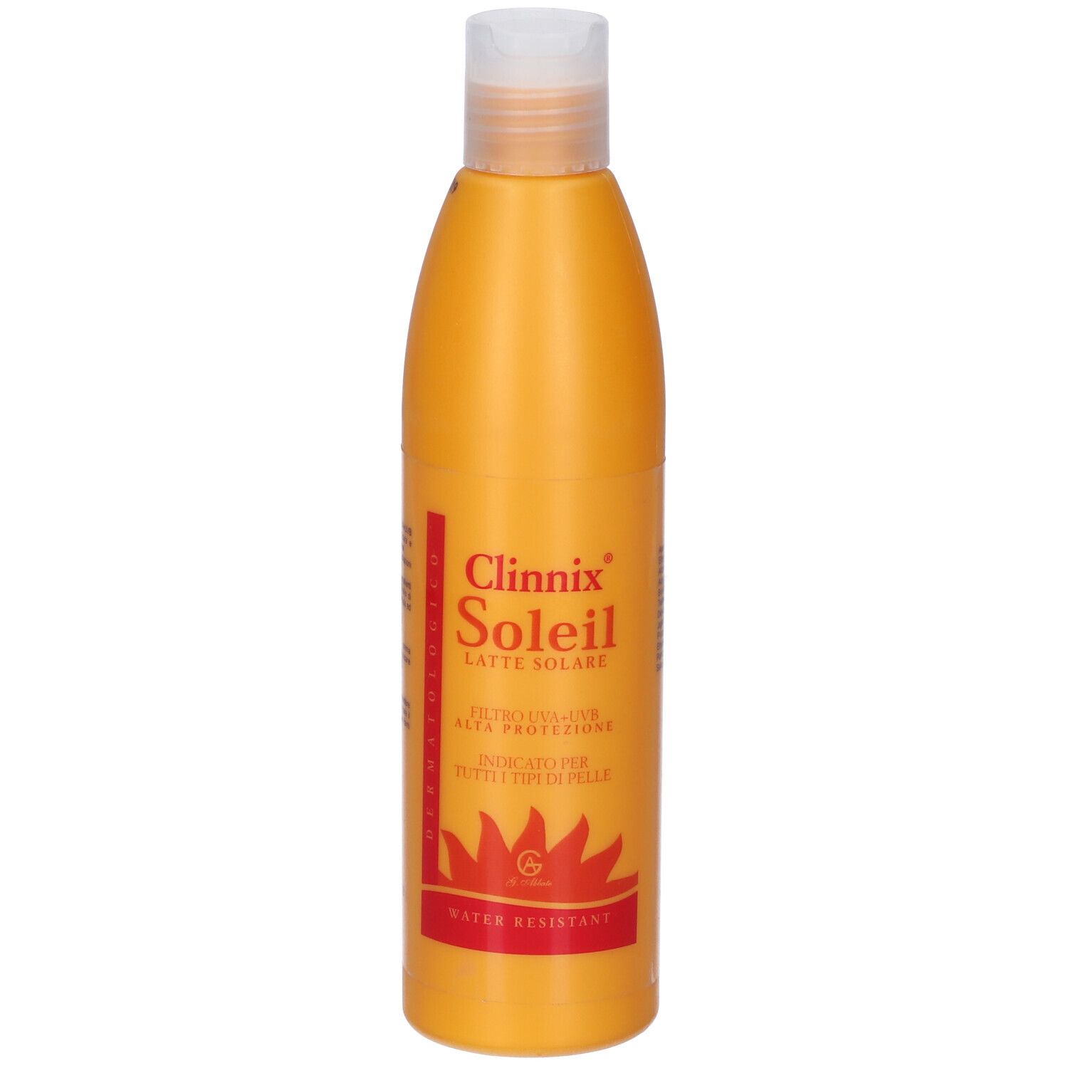 Flacone arancione Clinnix Soleil Latte con tappo bianco. Etichetta rossa con simbolo solare e testo.