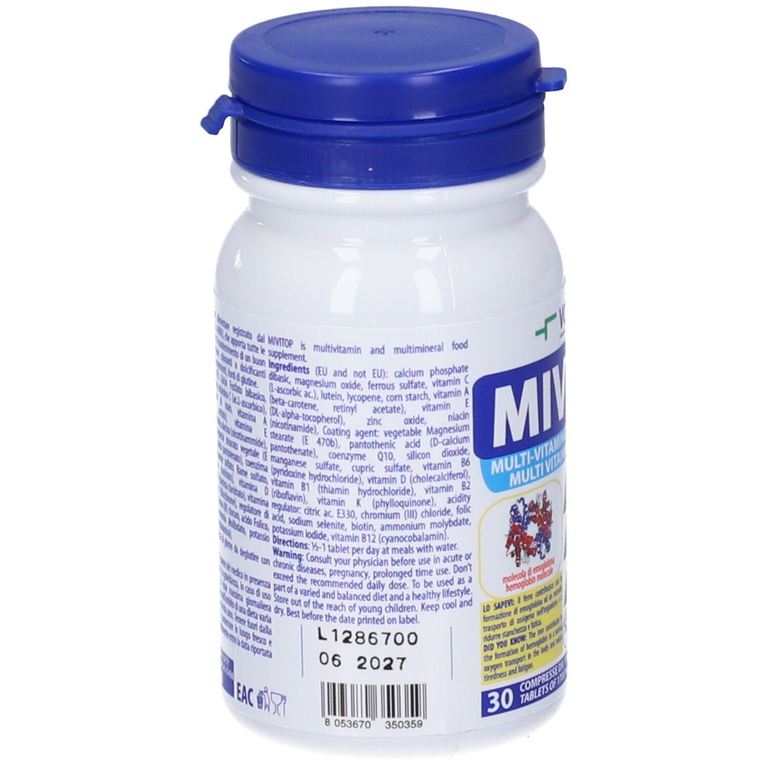 Retro di un flacone bianco con tappo blu. Testo: MIVITOP, ingredienti, scadenza, 30 compresse.