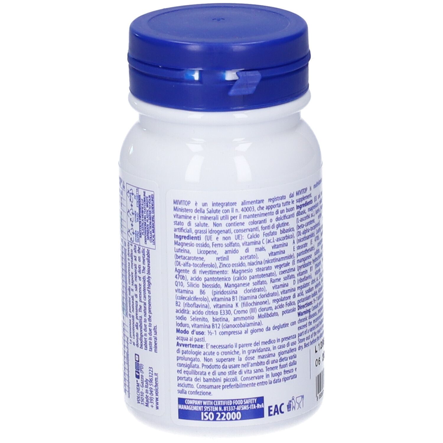 Retro di un flacone bianco con tappo blu. Testo: MIVITOP, ingredienti, certificazione ISO 22000.