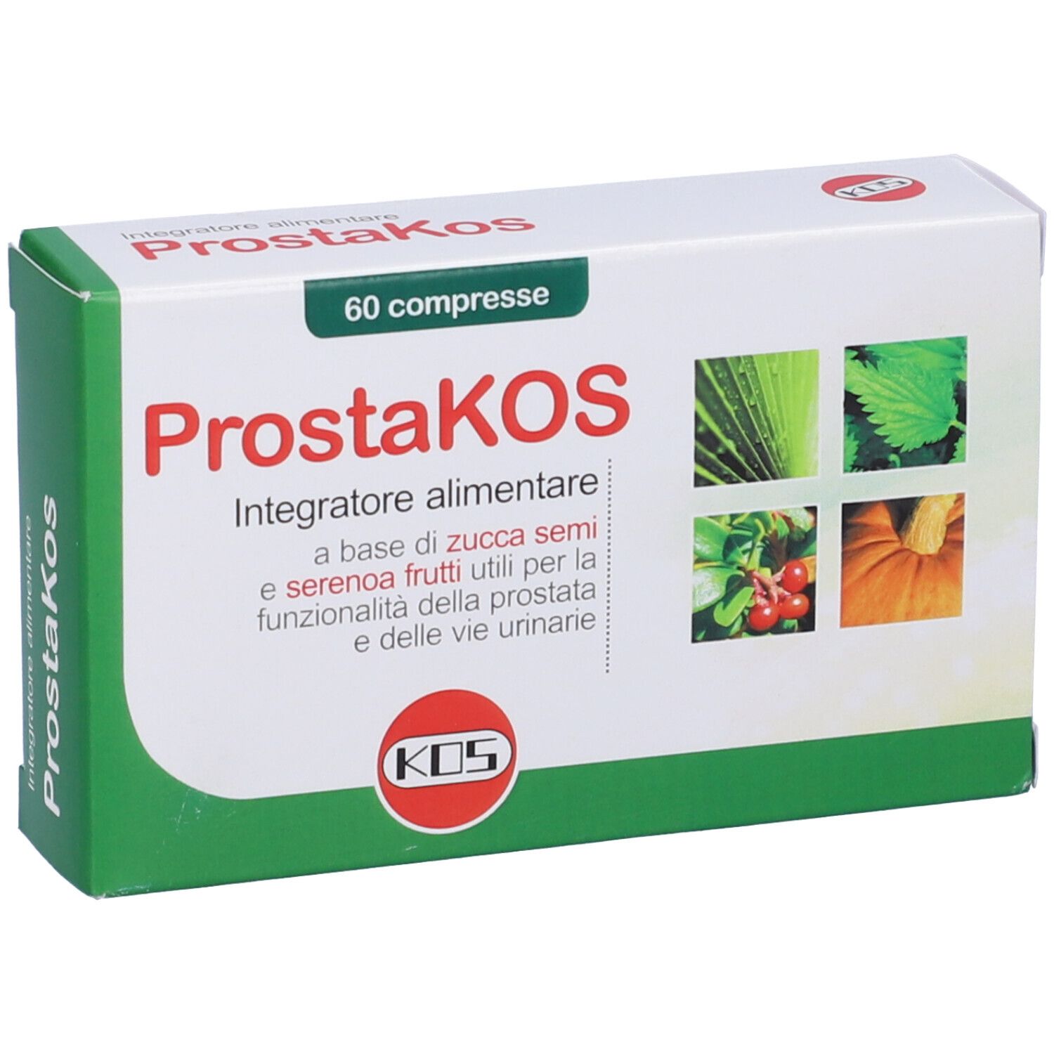 Confezione di KOS Prostakos Compresse. Scatola bianca con bordo verde. Nome del prodotto, logo e indicazione di 60 compresse.