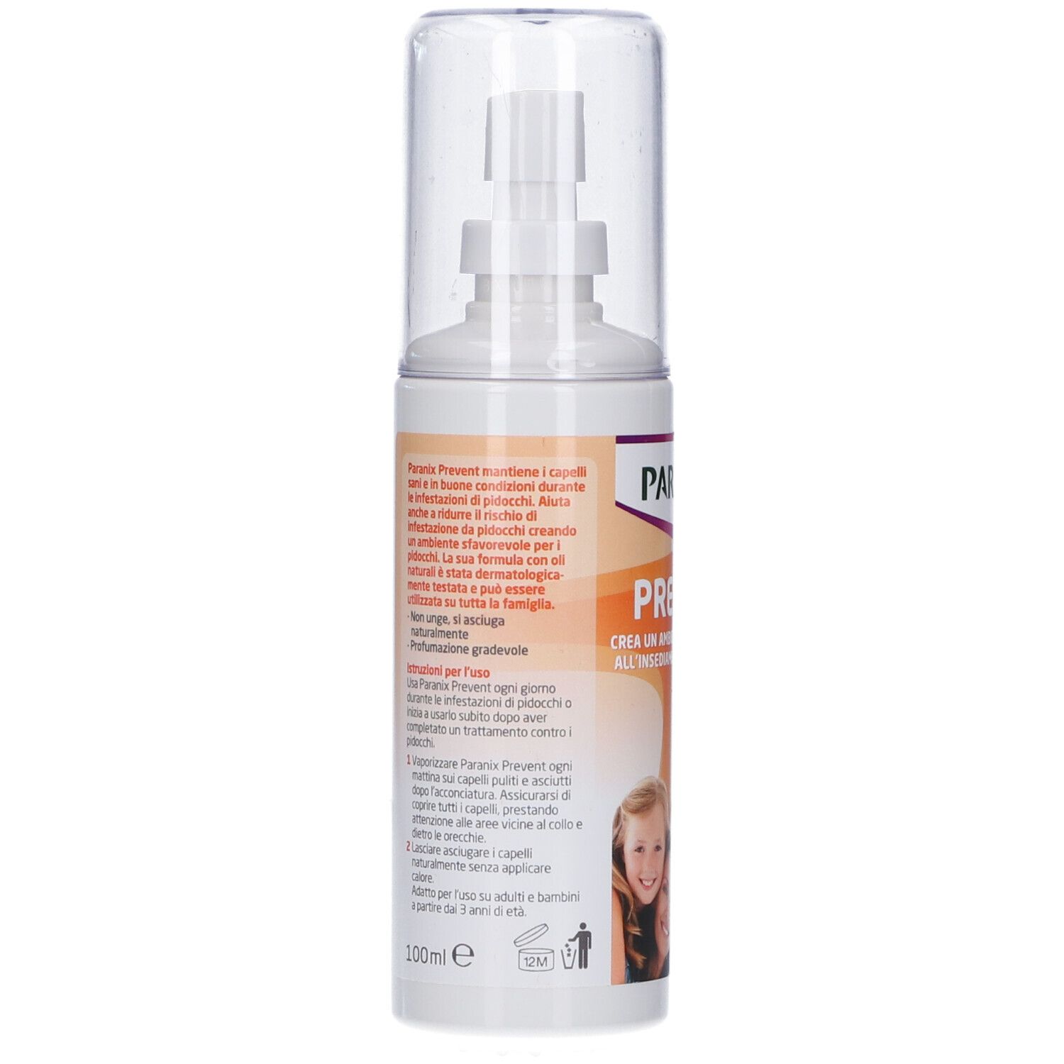 Retro del flacone spray bianco. Informazioni testuali e immagine di una ragazza. Volume: 100 ml.
