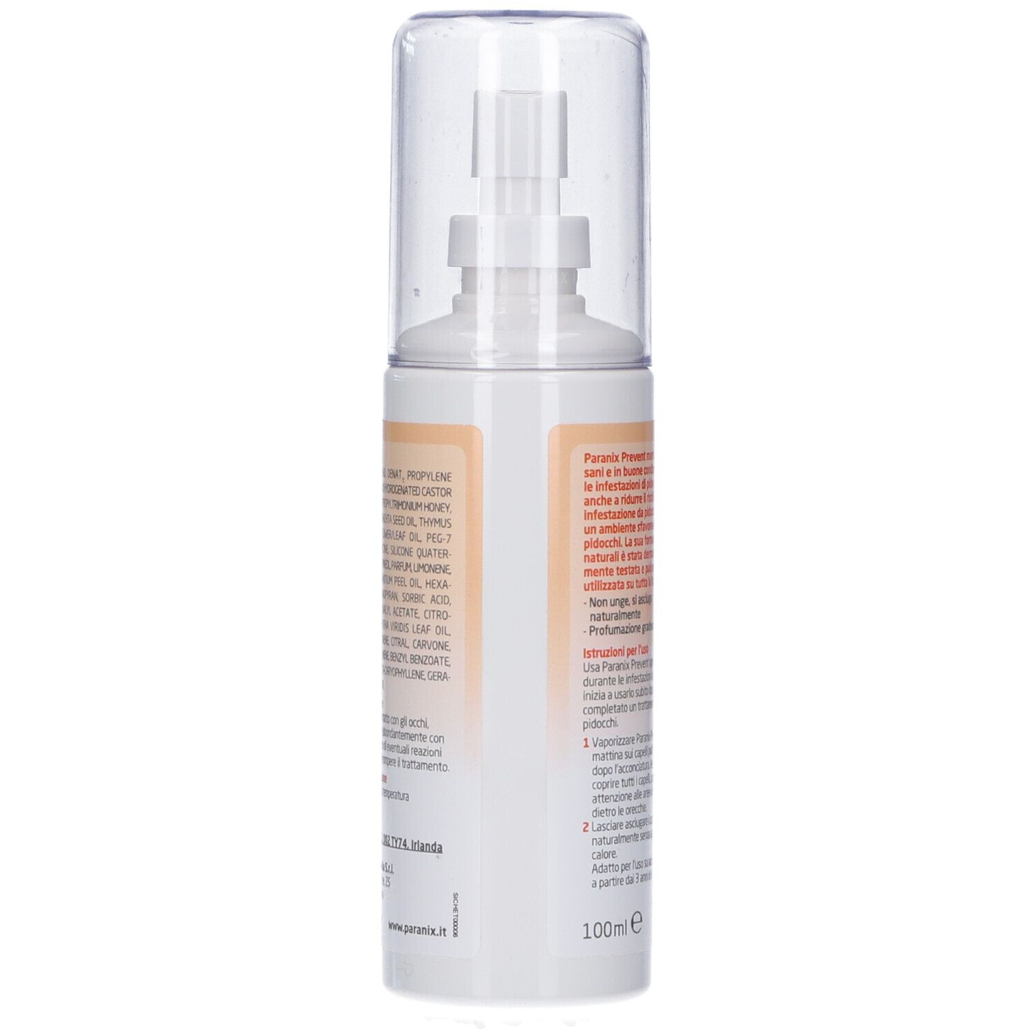 Retro del flacone spray bianco. Informazioni testuali e ingredienti. Volume: 100 ml.