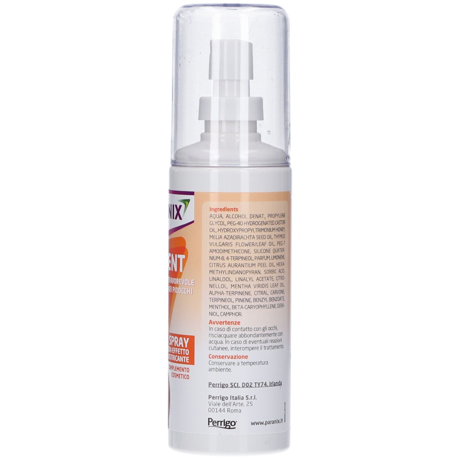 Flacone spray bianco. Scritta: Paranix Prevent. Contiene ingredienti e avvertenze. Volume: 100 ml.
