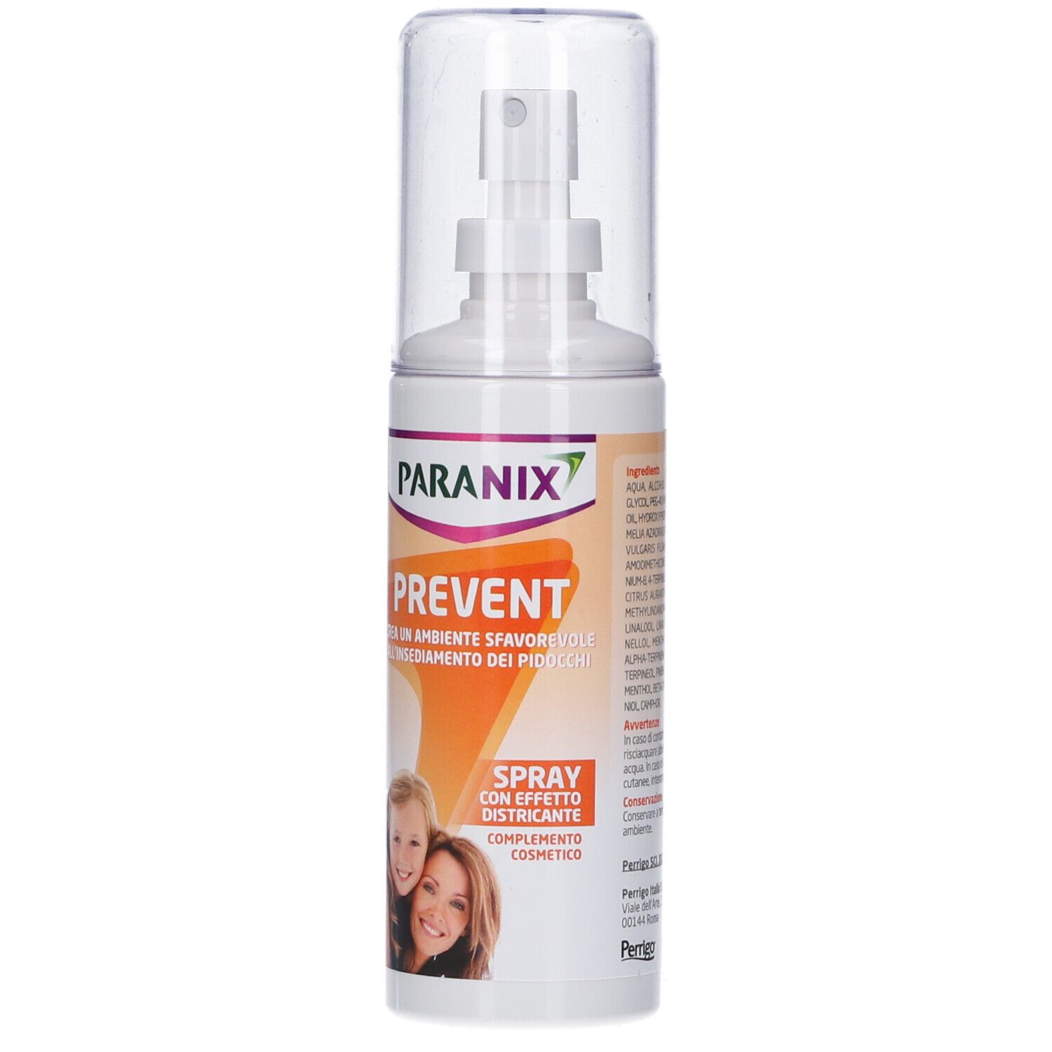 Flacone spray bianco con tappo trasparente. Scritta: Paranix Prevent. Contiene l'immagine di una madre e di un bambino.