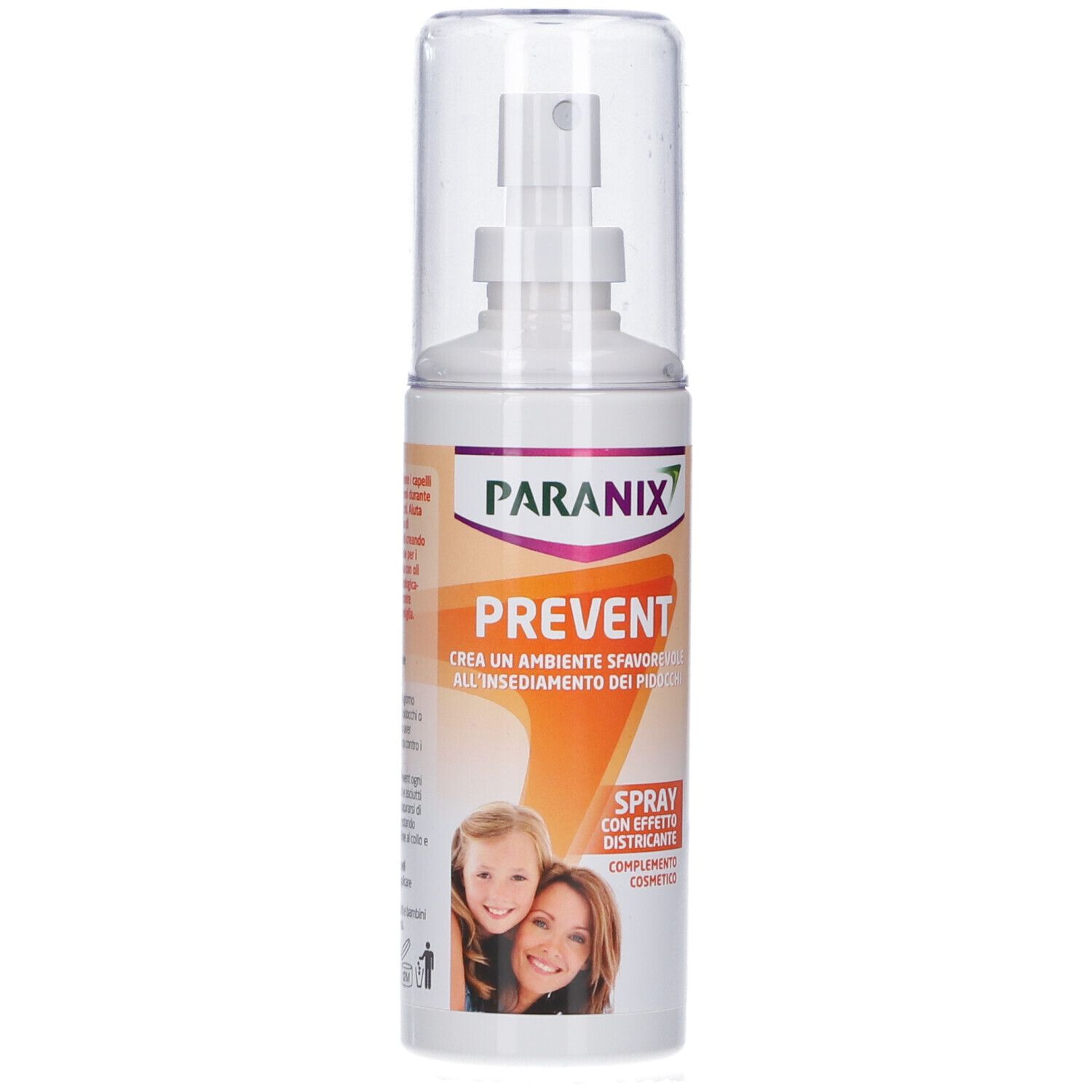 Flacone spray bianco con tappo trasparente. Scritta: Paranix Prevent. Contiene l'immagine di una madre e di un bambino.