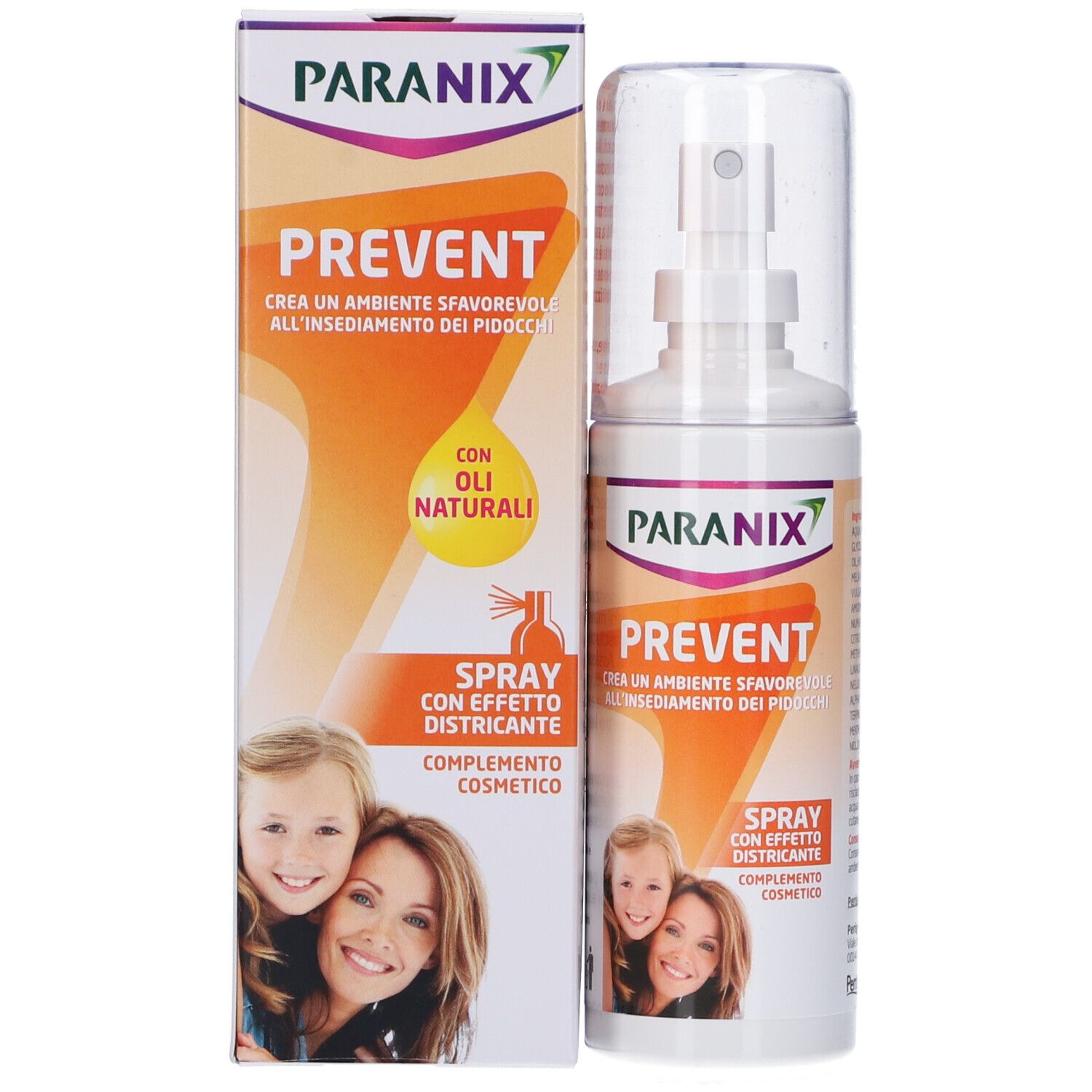 Prodotto e confezione. Flacone spray bianco e scatola. Scritta: Paranix Prevent. Contiene l'immagine di una madre e di un bambino.