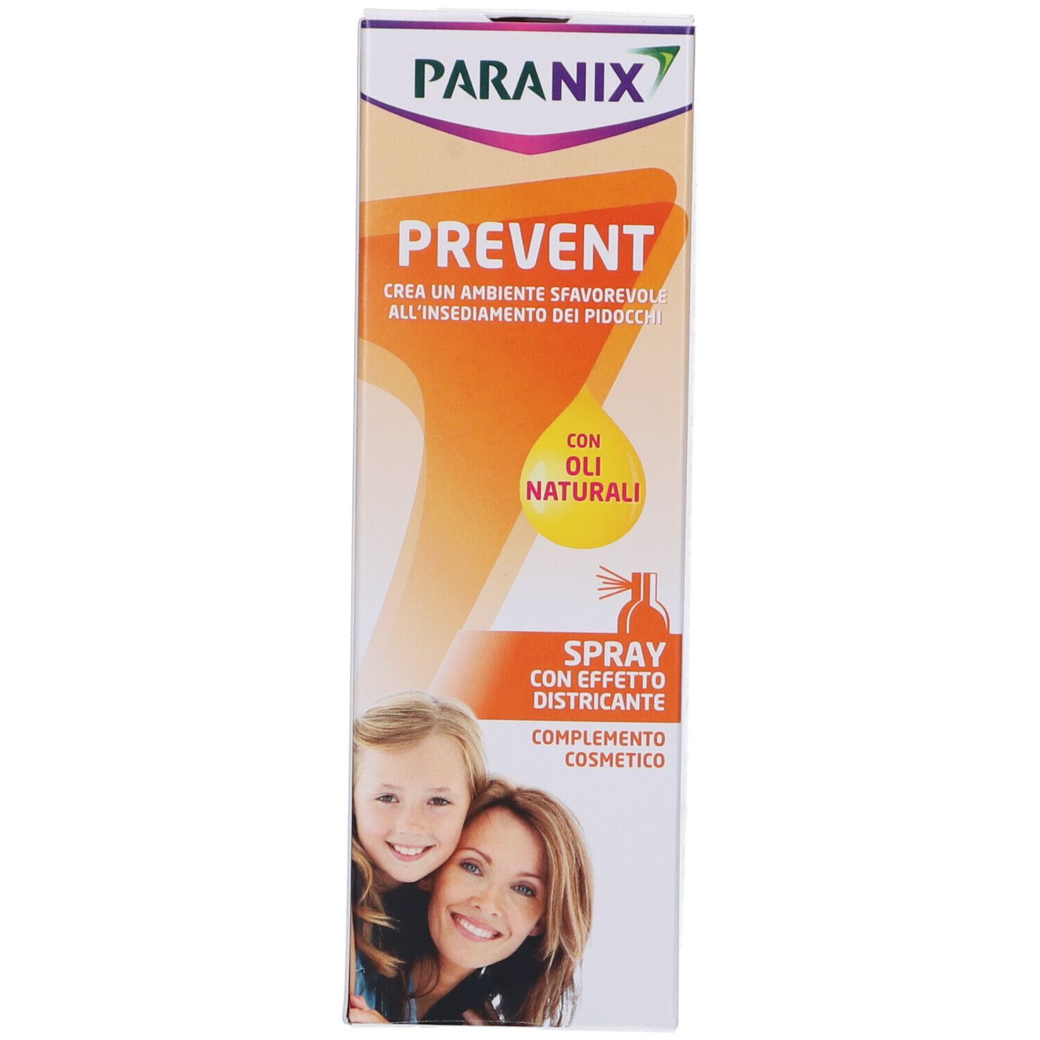 Confezione in cartone. Scritta: Paranix Prevent. Contiene l'immagine di una madre e di un bambino. Con oli naturali.