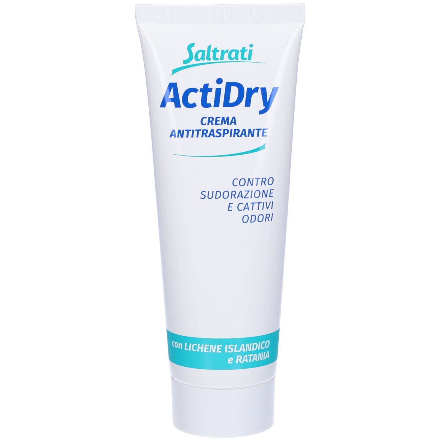 Tubo bianco ActiDry Crema Antitraspirante. Testo: Contro sudorazione e cattivi odori. Con estratto di lichene.