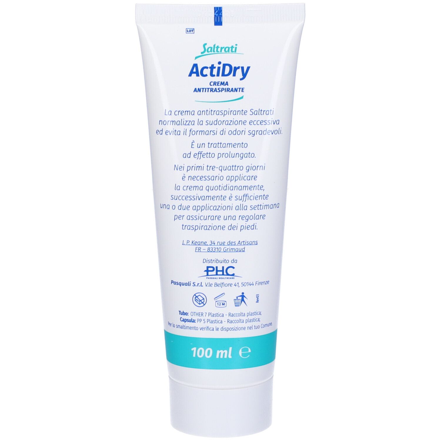 Tubo bianco ActiDry Crema Antitraspirante. Testo: Contro sudorazione e cattivi odori. 100 ml.