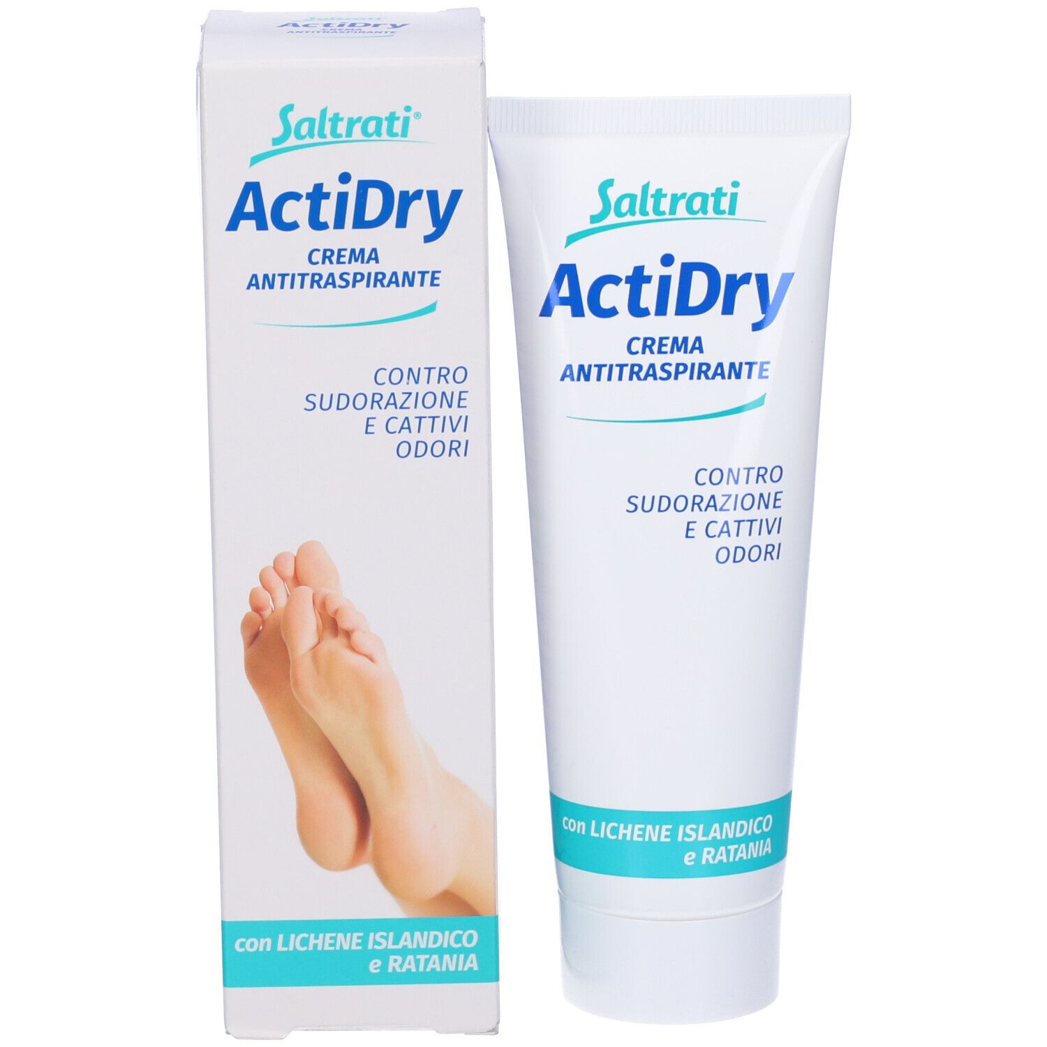 Confezione e tubo ActiDry Crema Antitraspirante. Testo: Contro sudorazione e cattivi odori. Con estratto di lichene.