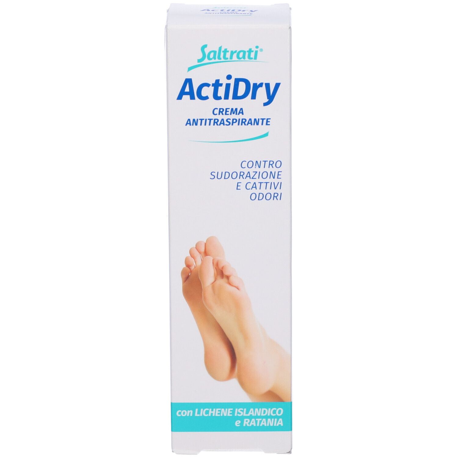 Confezione ActiDry Crema Antitraspirante. Immagine di piedi. Testo: Contro sudorazione e cattivi odori. 