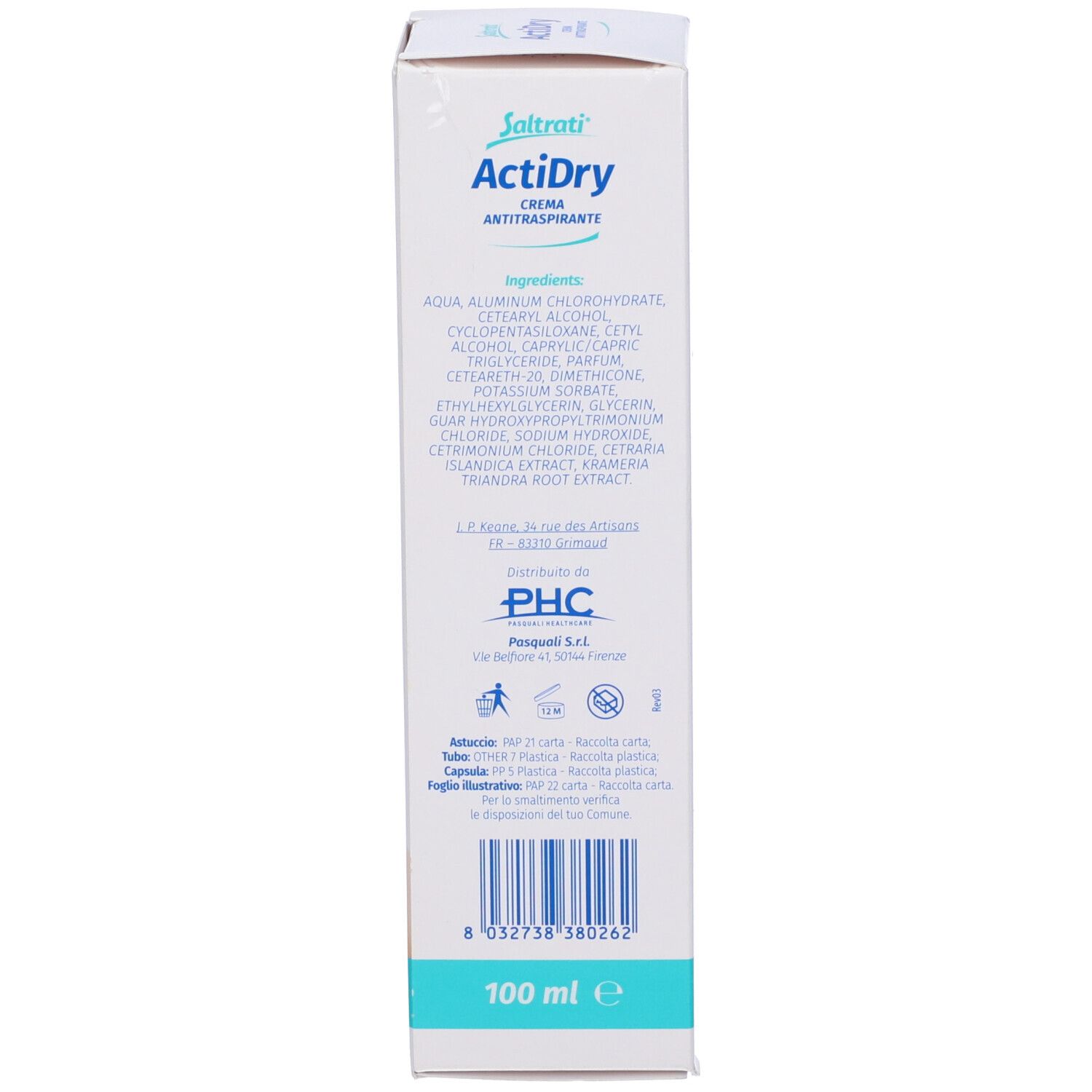 Retro confezione ActiDry Crema Antitraspirante. Ingredienti e informazioni produttore. 100 ml.