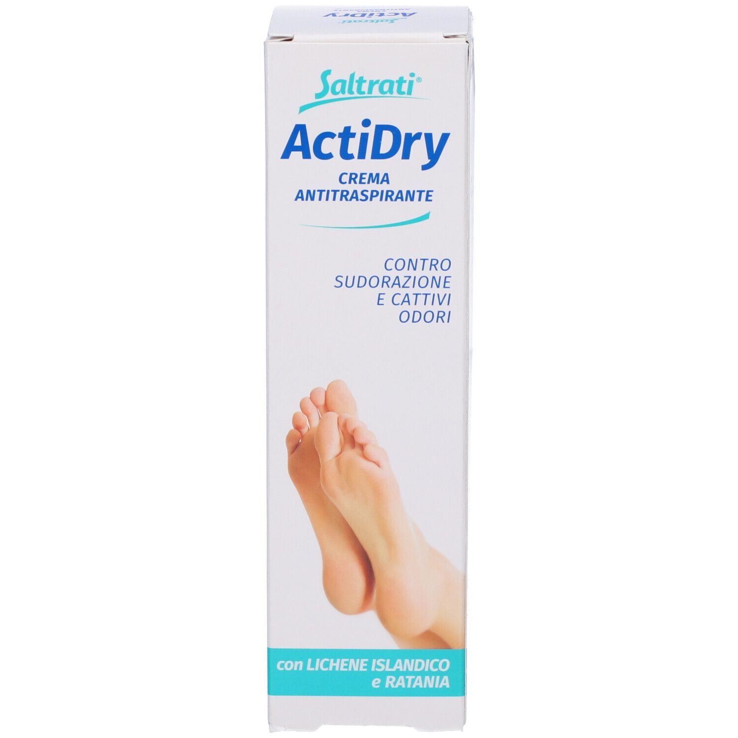 Confezione ActiDry Crema Antitraspirante. Immagine di piedi. Testo: Contro sudorazione e cattivi odori. 