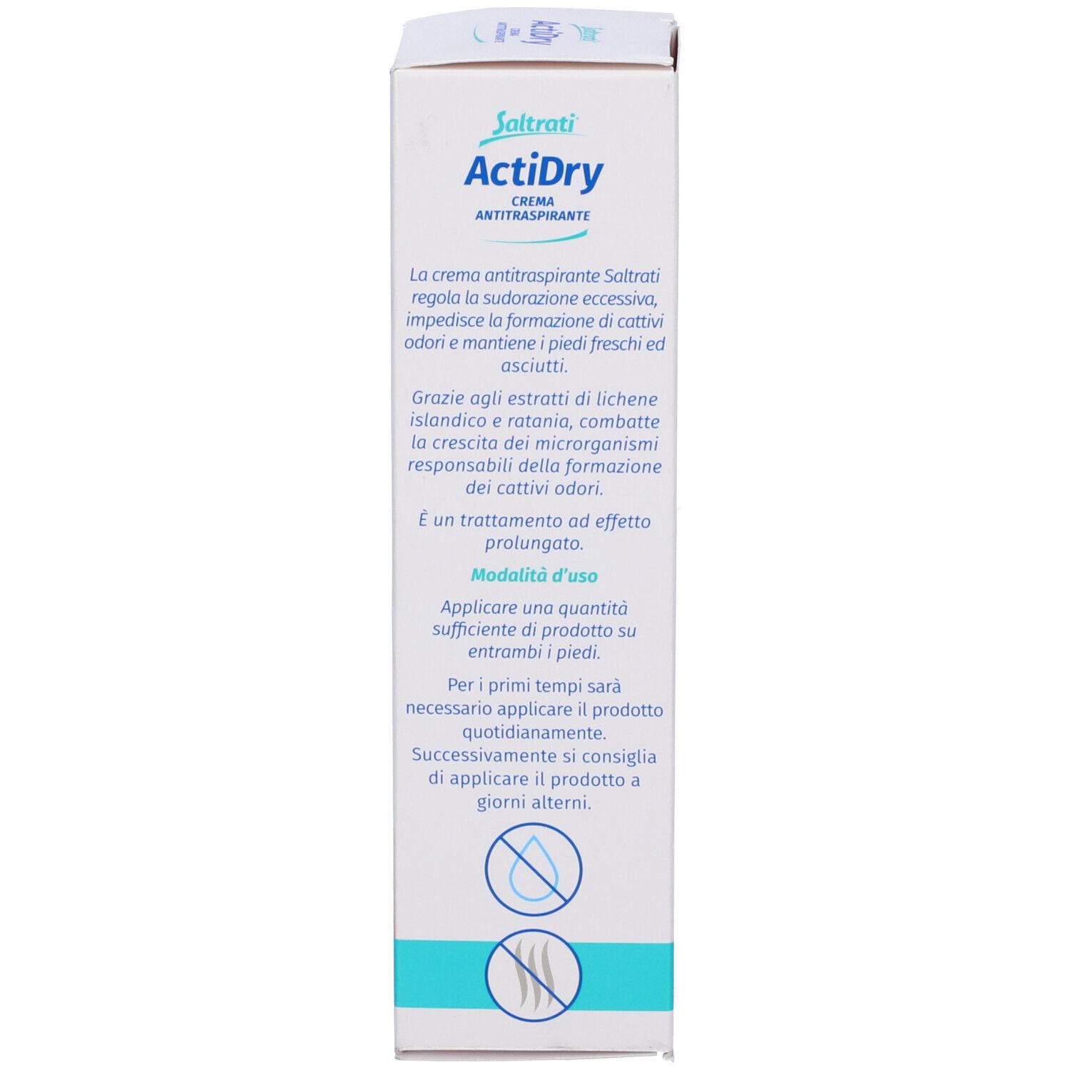 Confezione ActiDry Crema Antitraspirante. Testo e istruzioni per l'uso. Con estratto di lichene.