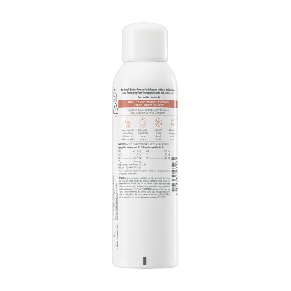 Retro dello spray Avène Eau Thermale. Testo: Ingredienti, istruzioni per l'uso, analisi dei minerali. Vari simboli.