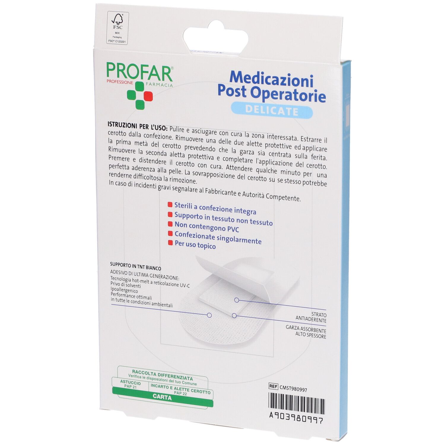 Retro della confezione Profar Medicazione Post Operatoria Sterile Garza Antiaderente. Contiene informazioni sul prodotto.