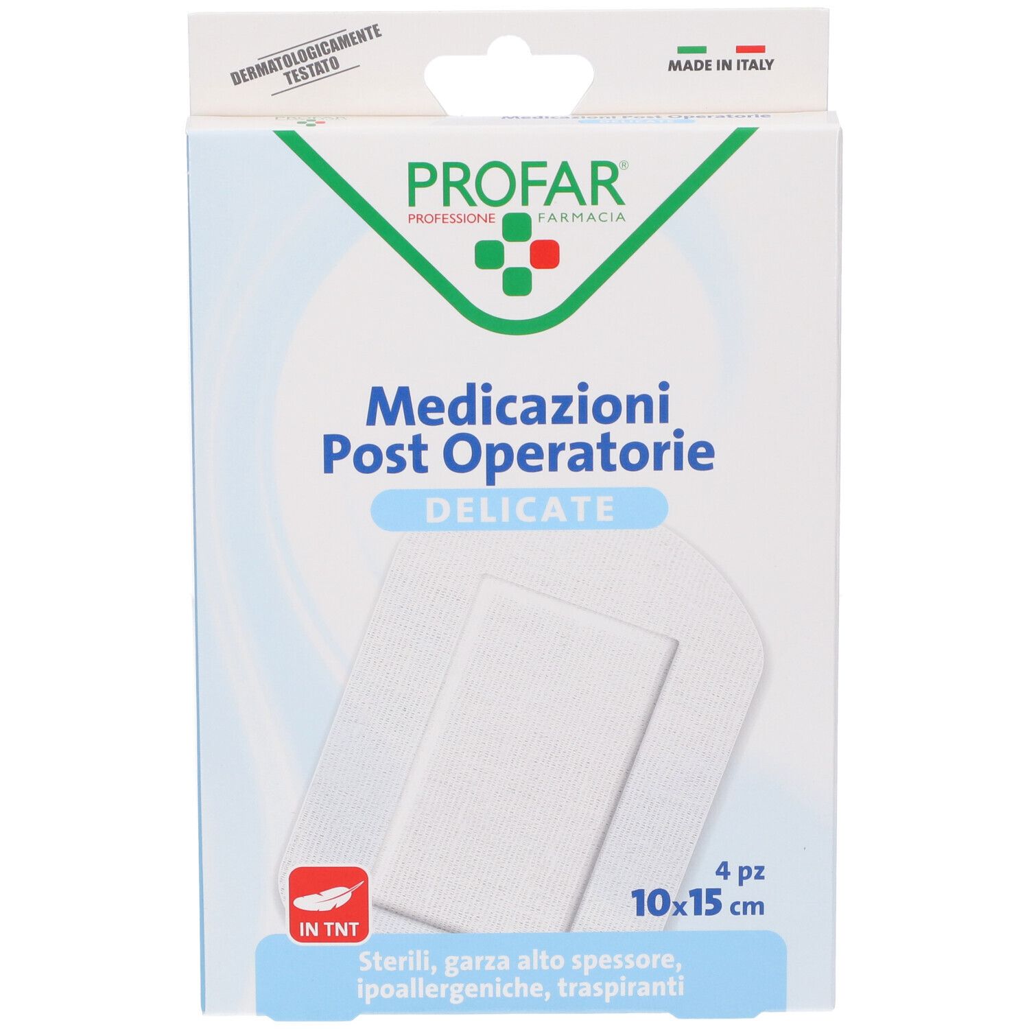 Confezione Profar Medicazione Post Operatoria Sterile Garza Antiaderente. 4 pezzi, 10x15 cm. Testato dermatologicamente.