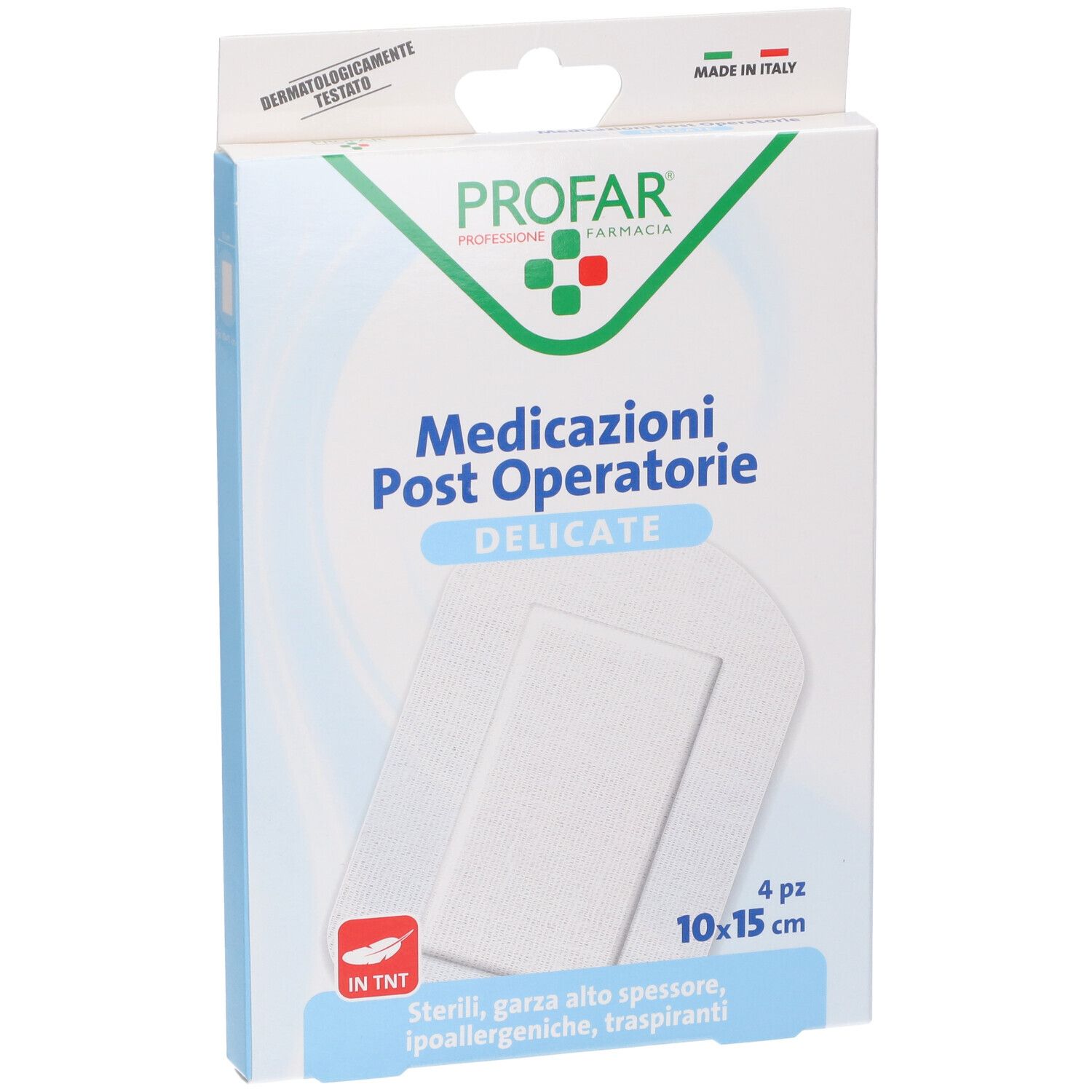 Confezione Profar Medicazione Post Operatoria Sterile Garza Antiaderente. 4 pezzi, 10x15 cm. Testato dermatologicamente.