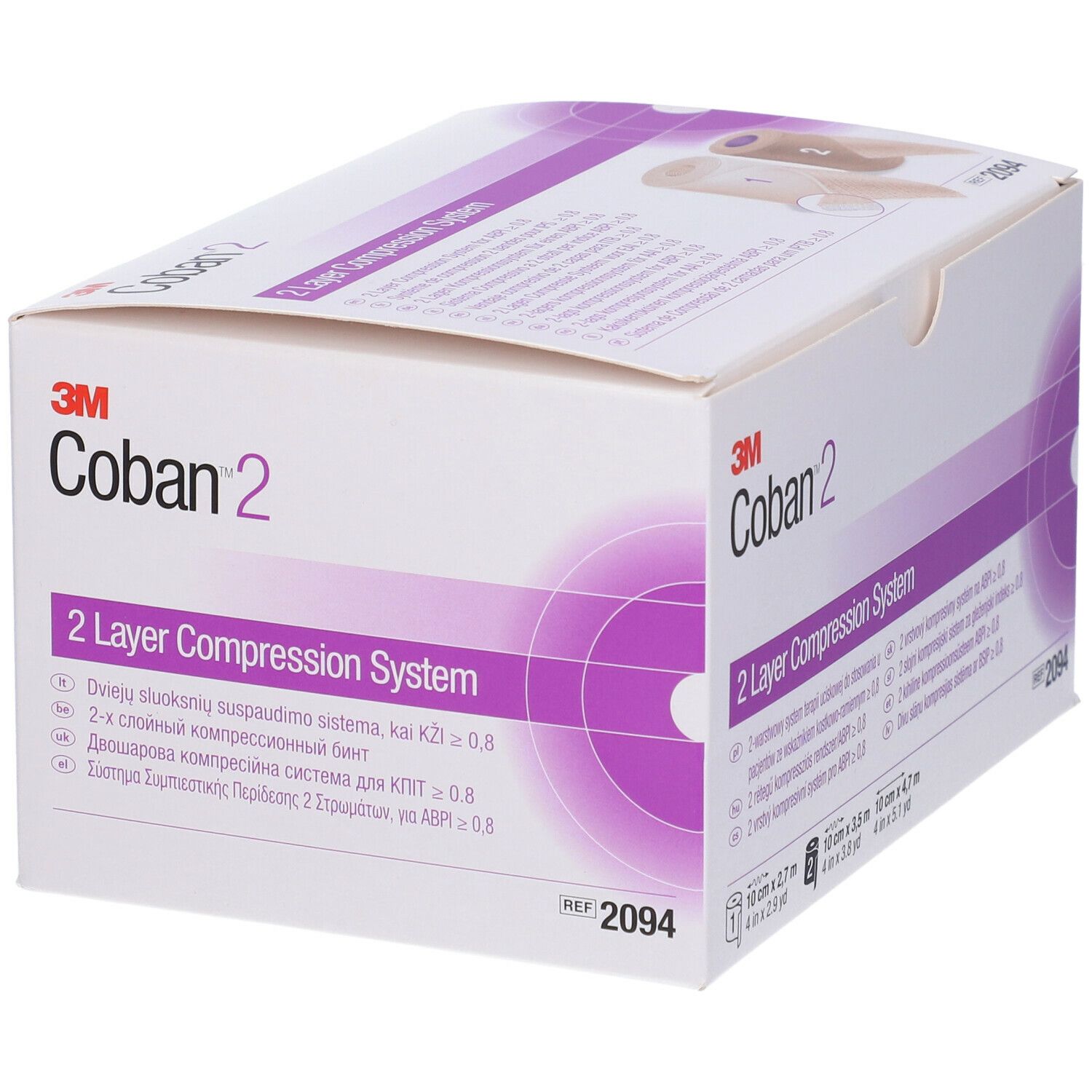 3M Coban 2, sistema di compressione a 2 strati. Confezione bianca con accenti viola. Rif. 2094. Informazioni multilingue.