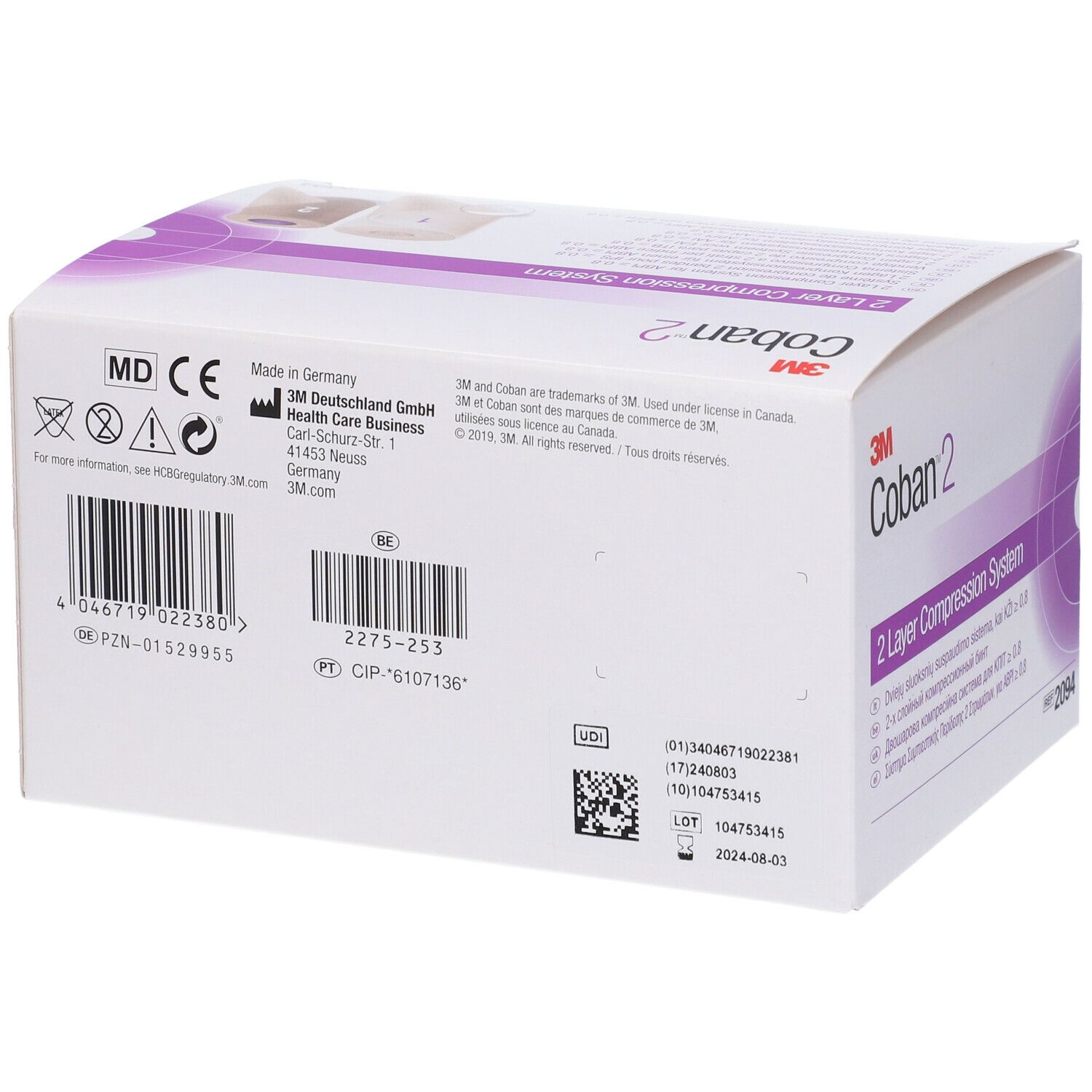 Retro della confezione 3M Coban 2. Contiene informazioni come l'indirizzo del produttore, il numero di lotto e la data di scadenza. Rif. 2094.