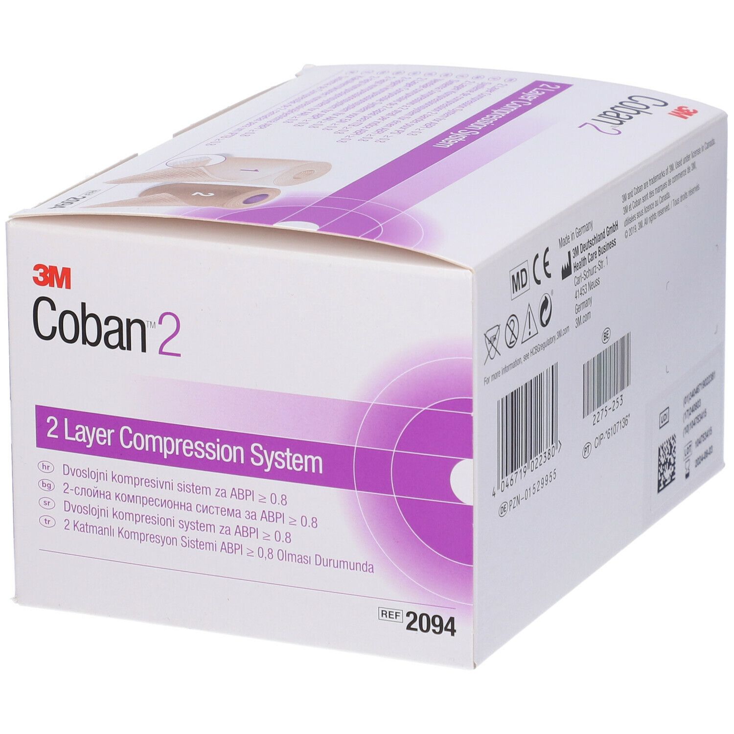 3M Coban 2, sistema di compressione a 2 strati. Confezione bianca con accenti viola. Rif. 2094. Informazioni multilingue.