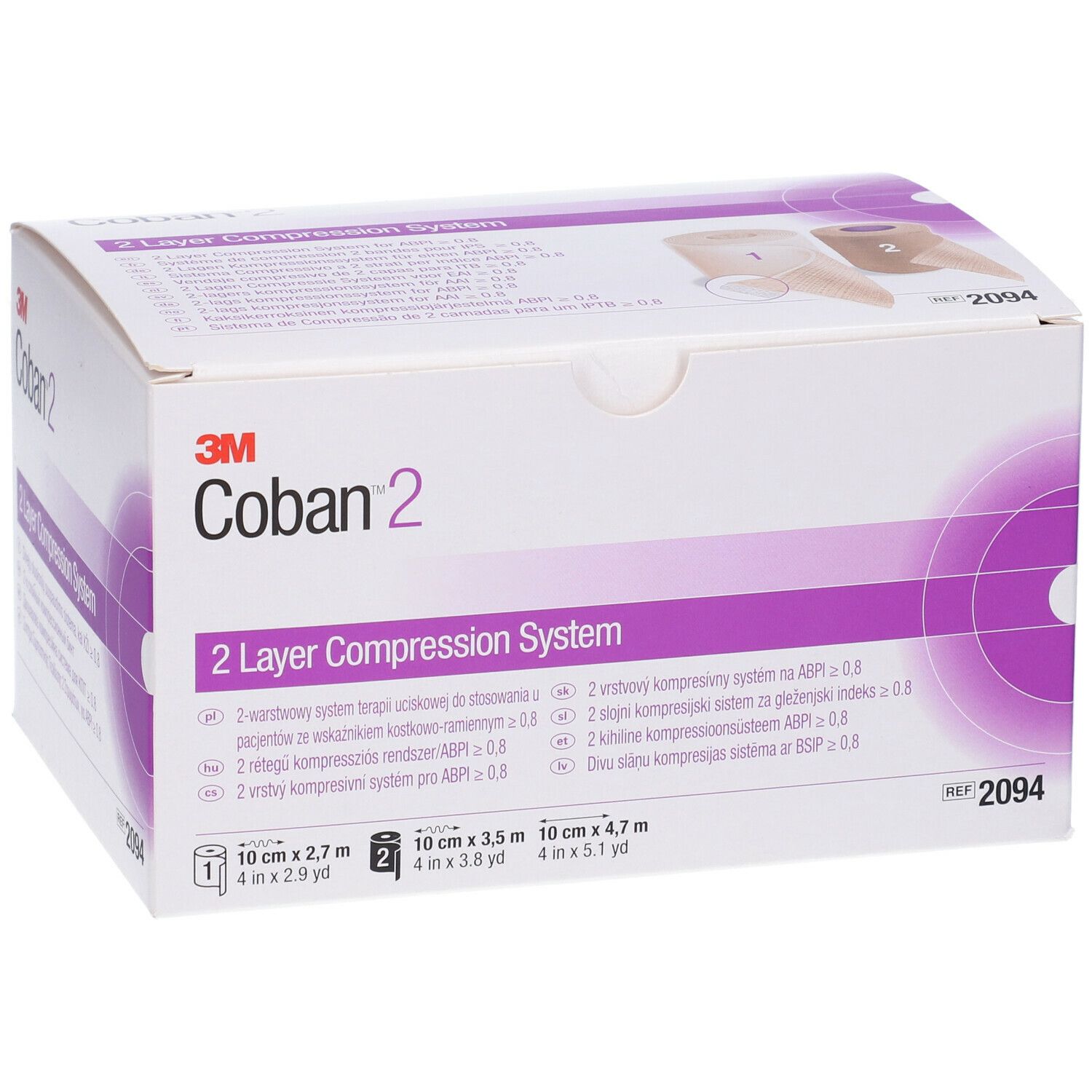 3M Coban 2, sistema di compressione a 2 strati. Confezione bianca con immagine del prodotto. Contiene più rotoli. Rif. 2094.