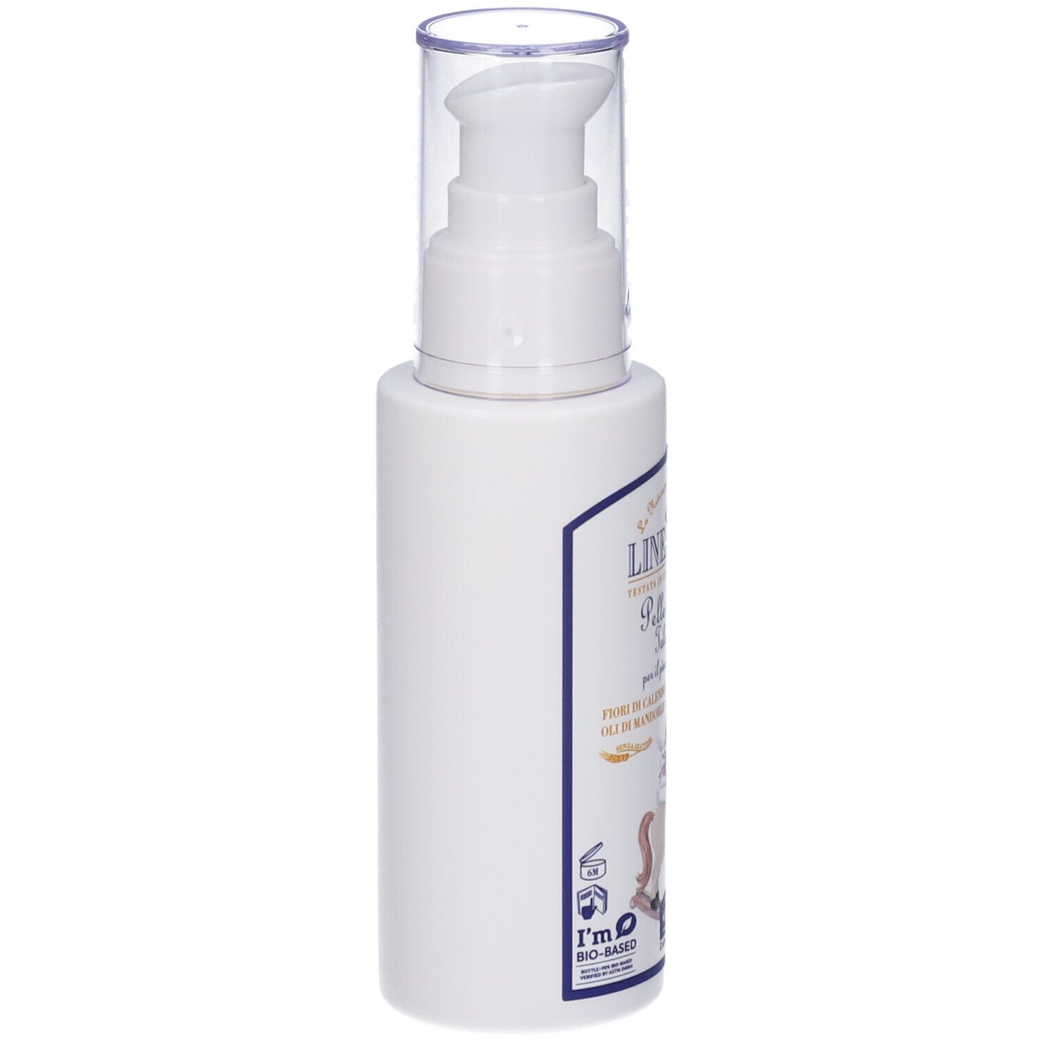 Flacone bianco con dosatore a pompa. Etichetta con informazioni prodotto. Visibili 'LINEA BIMBI' e 'HELAN'.