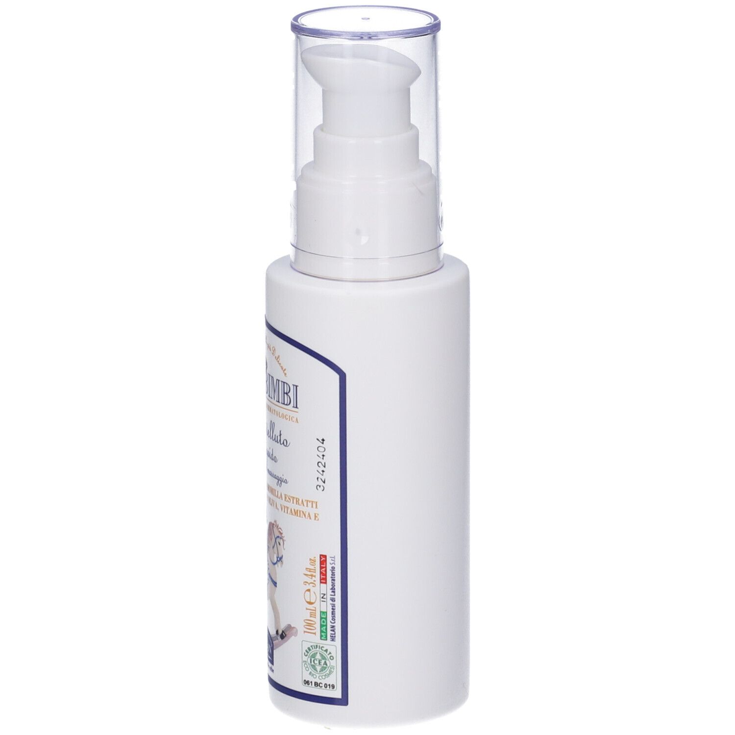 Flacone bianco con dosatore a pompa. Etichetta con informazioni prodotto. Visibili 'LINEA BIMBI' e 'HELAN'.