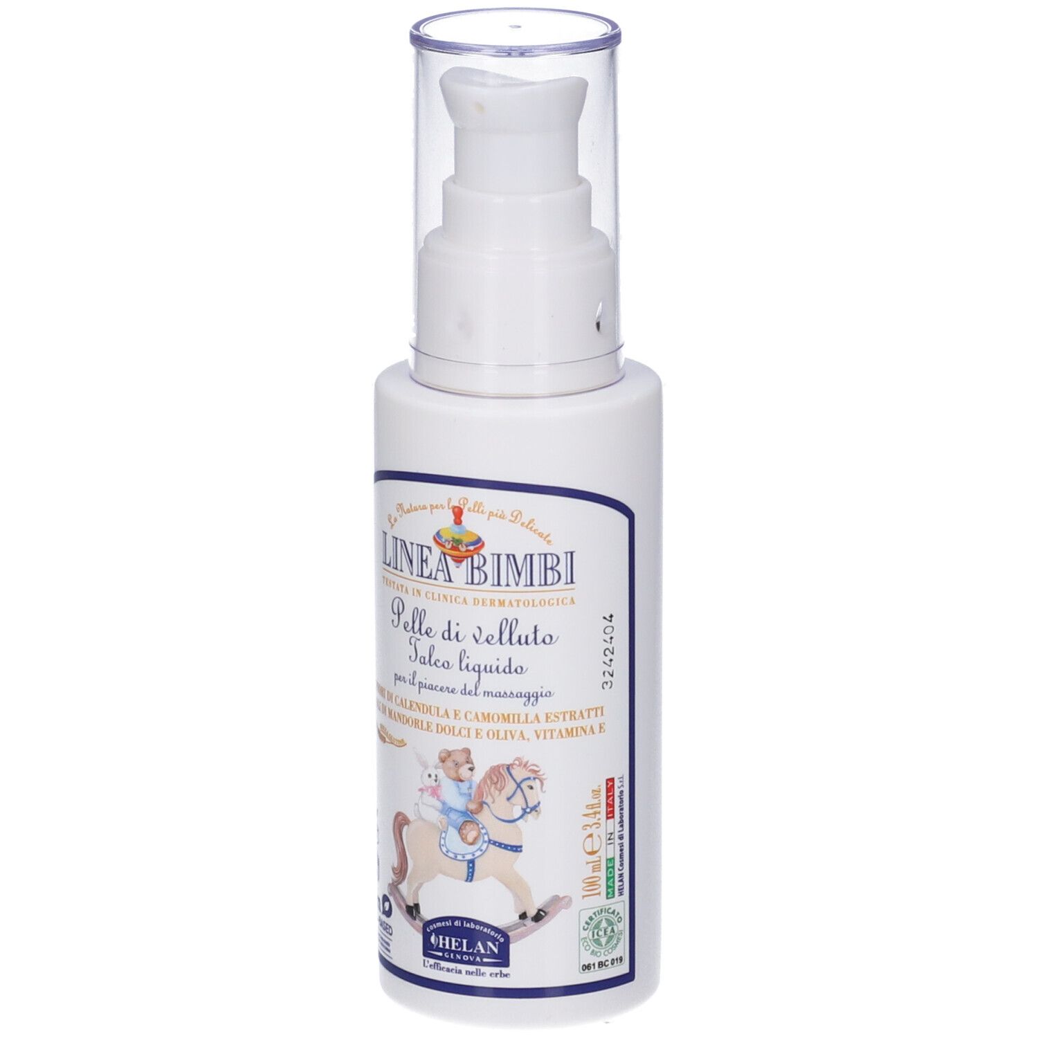 Flacone bianco con dosatore a pompa. Etichetta con nome prodotto, illustrazione e logo. Visibili 'LINEA BIMBI' e 'HELAN'.