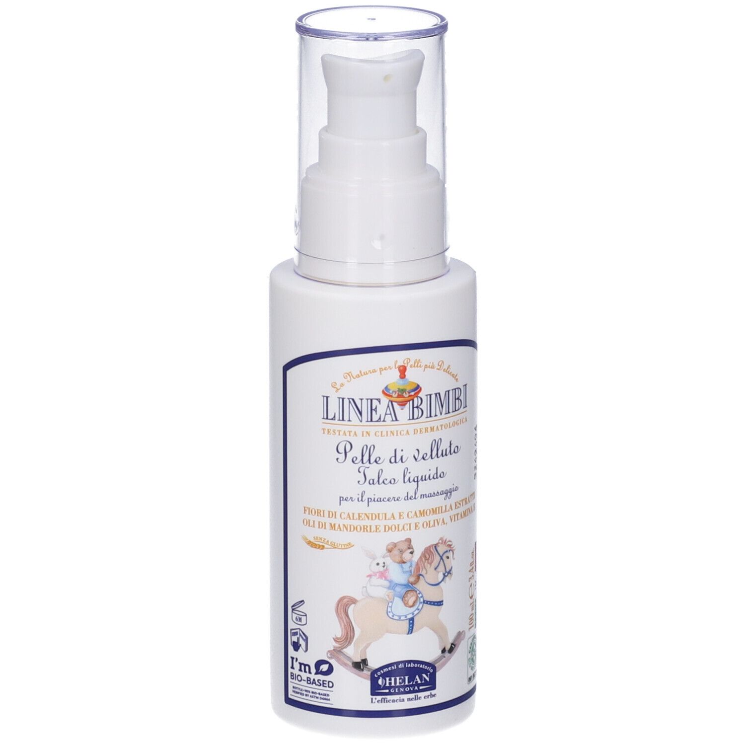 Flacone bianco con dosatore a pompa. Etichetta con nome prodotto, illustrazione e logo. Visibili 'LINEA BIMBI' e 'HELAN'.