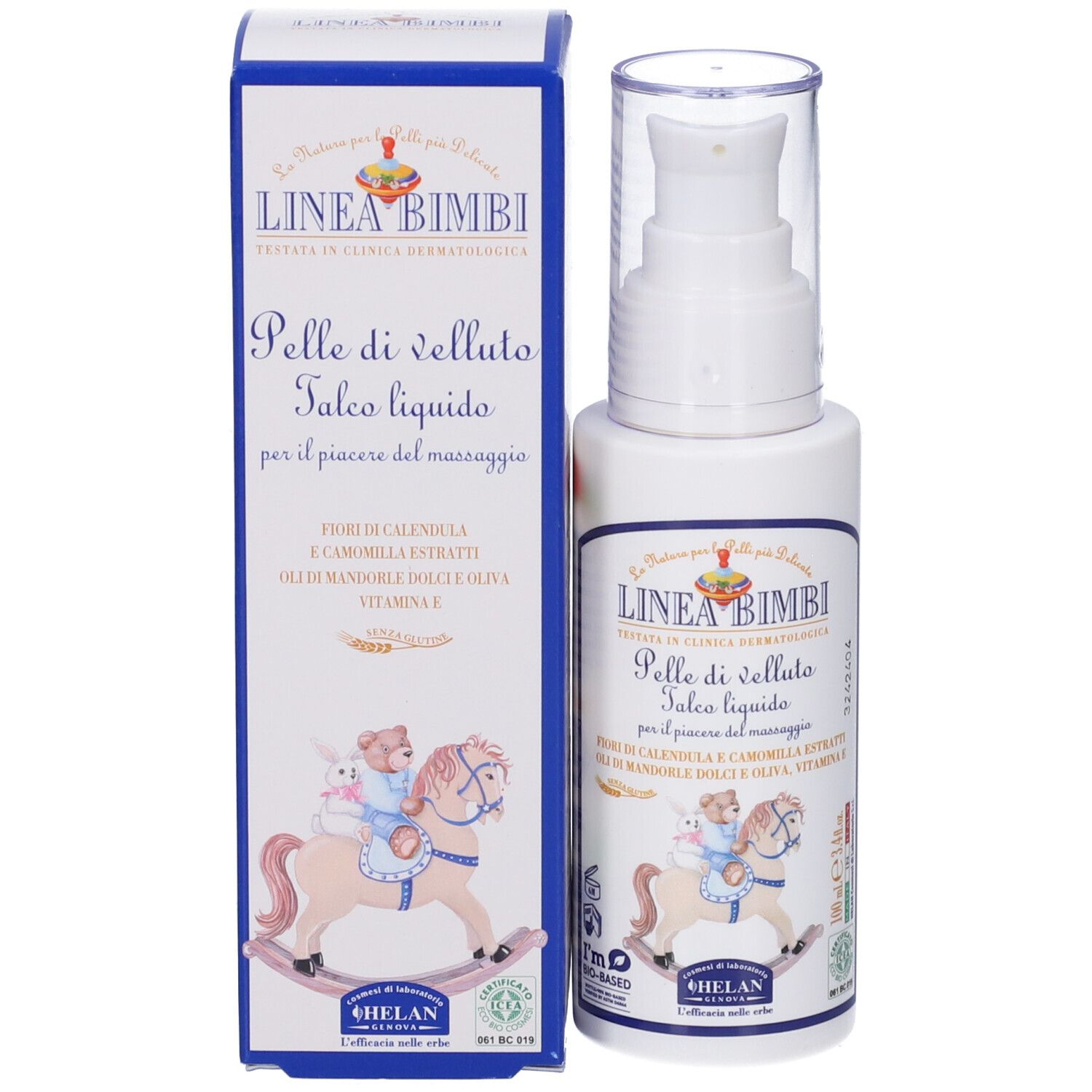 Flacone e confezione. Flacone bianco con dosatore a pompa. Confezione con nome prodotto e logo. 'LINEA BIMBI' e 'HELAN'.