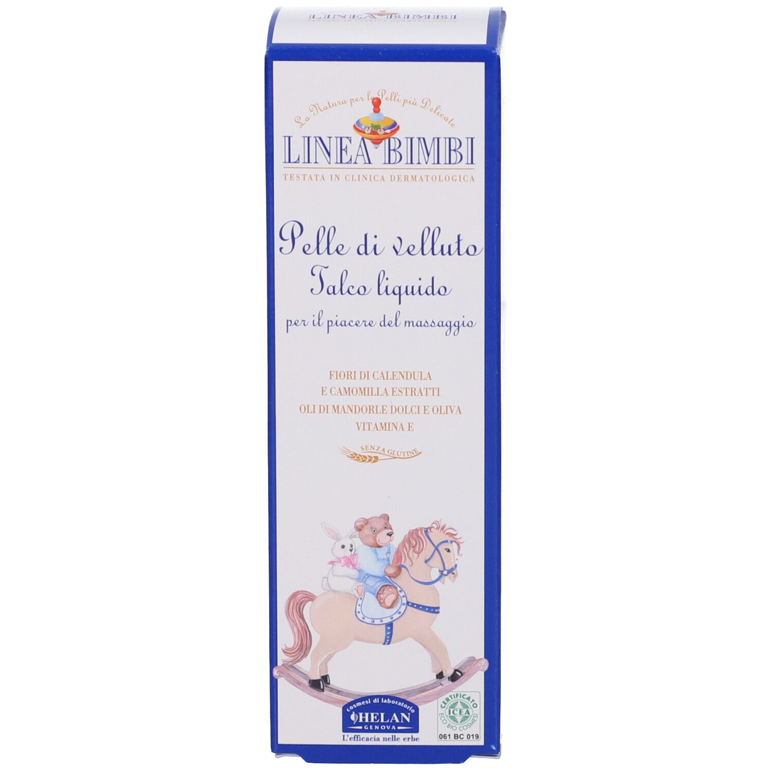 Confezione del prodotto. Confezione blu con nome prodotto e logo. Visibili 'LINEA BIMBI' e 'HELAN'.
