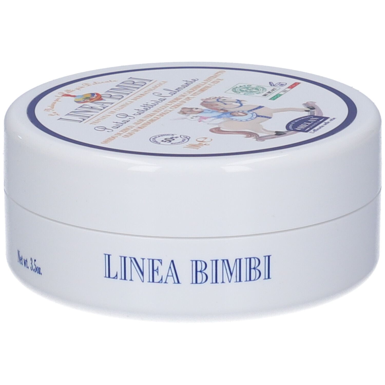 Barattolo rotondo bianco con coperchio blu. Scritta: LINEA BIMBI. Nome del prodotto e logo sul coperchio.