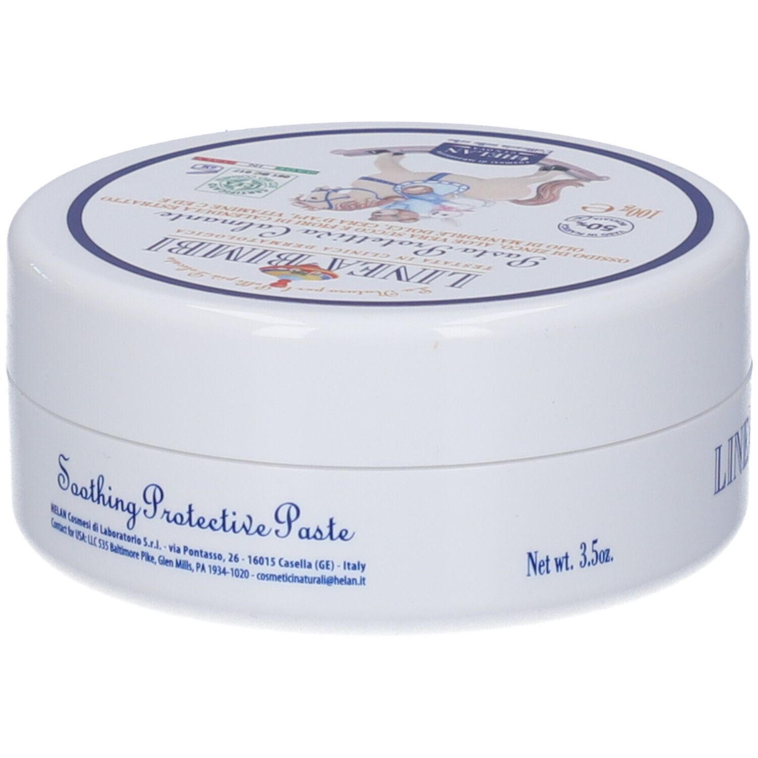 Barattolo rotondo bianco con coperchio blu. Scritta: LINEA BIMBI. Nome del prodotto e logo sul coperchio.