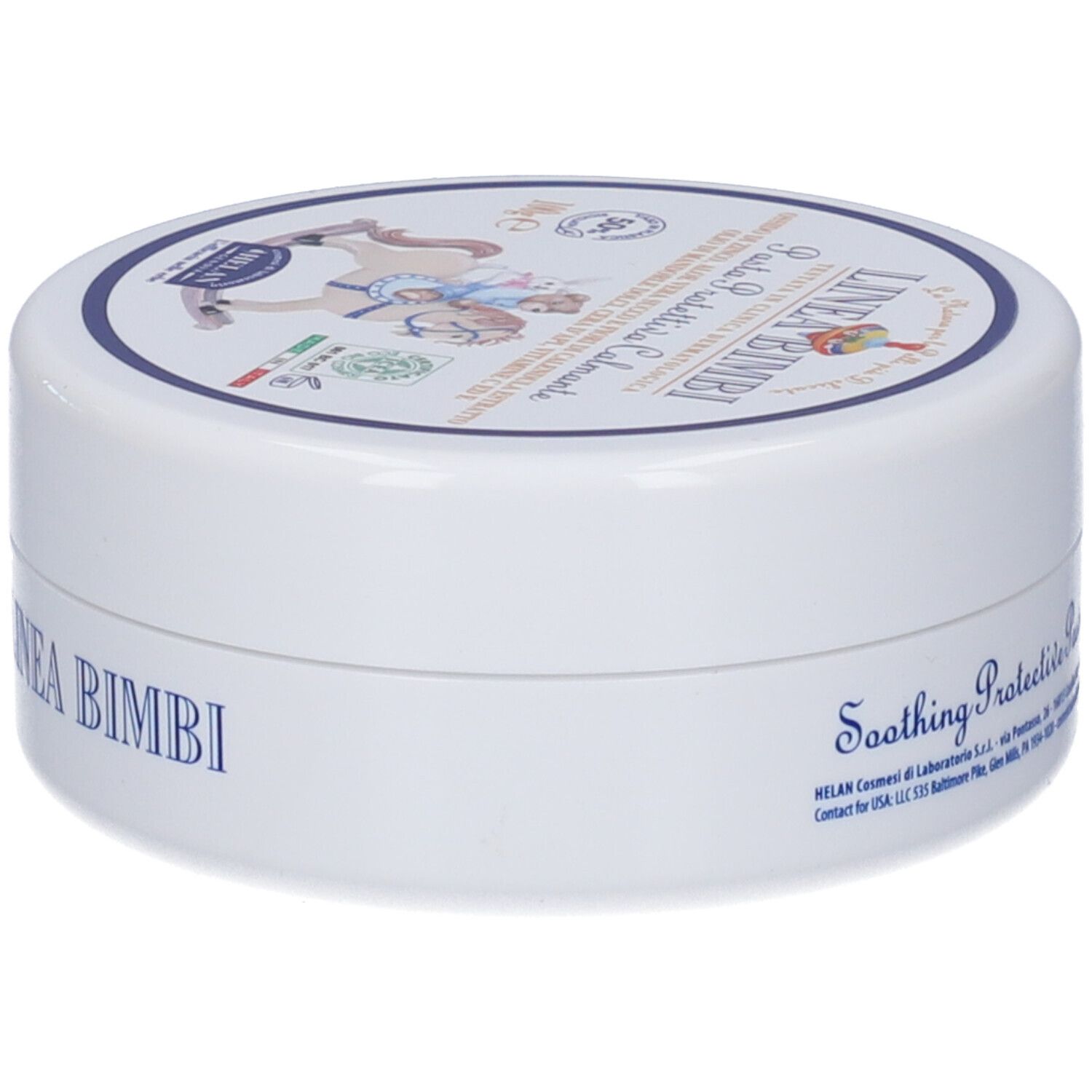 Barattolo rotondo bianco con coperchio blu. Scritta: LINEA BIMBI. Nome del prodotto e logo sul coperchio.
