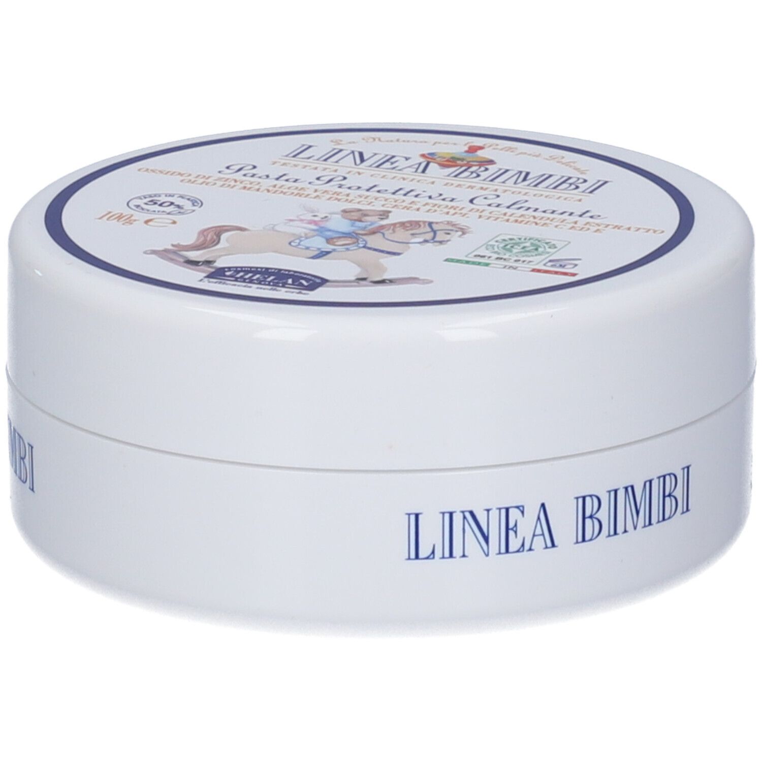 Barattolo rotondo bianco con coperchio blu. Scritta: LINEA BIMBI. Nome del prodotto e logo sul coperchio.