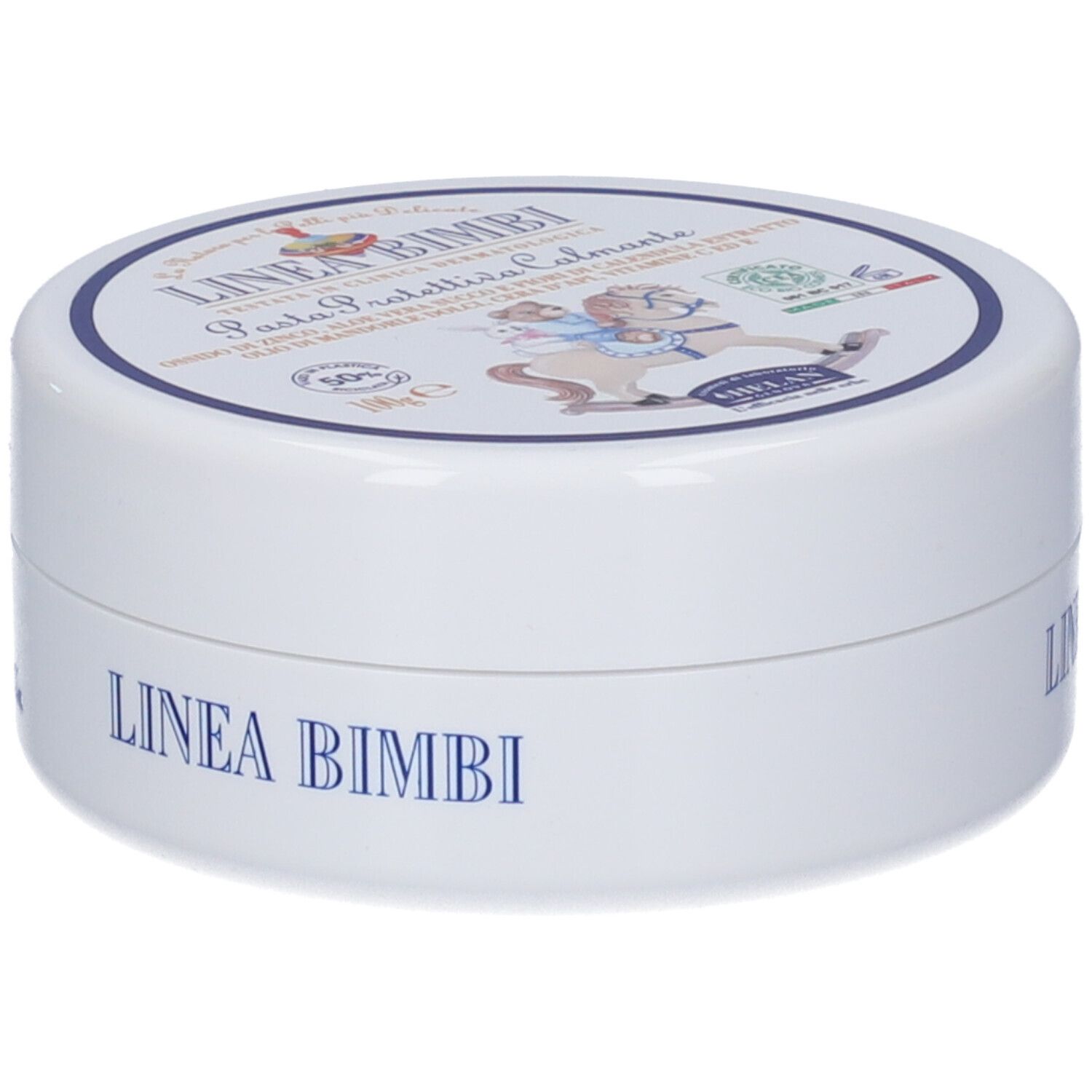 Barattolo rotondo bianco con coperchio blu. Scritta: LINEA BIMBI. Nome del prodotto e logo sul coperchio.