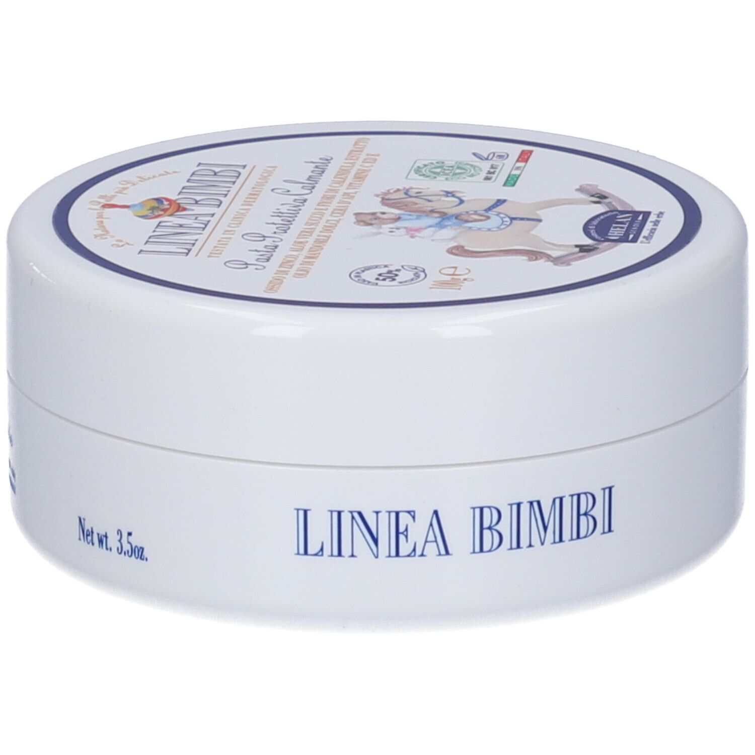Barattolo rotondo bianco con coperchio blu. Scritta: LINEA BIMBI. Nome del prodotto e logo sul coperchio.