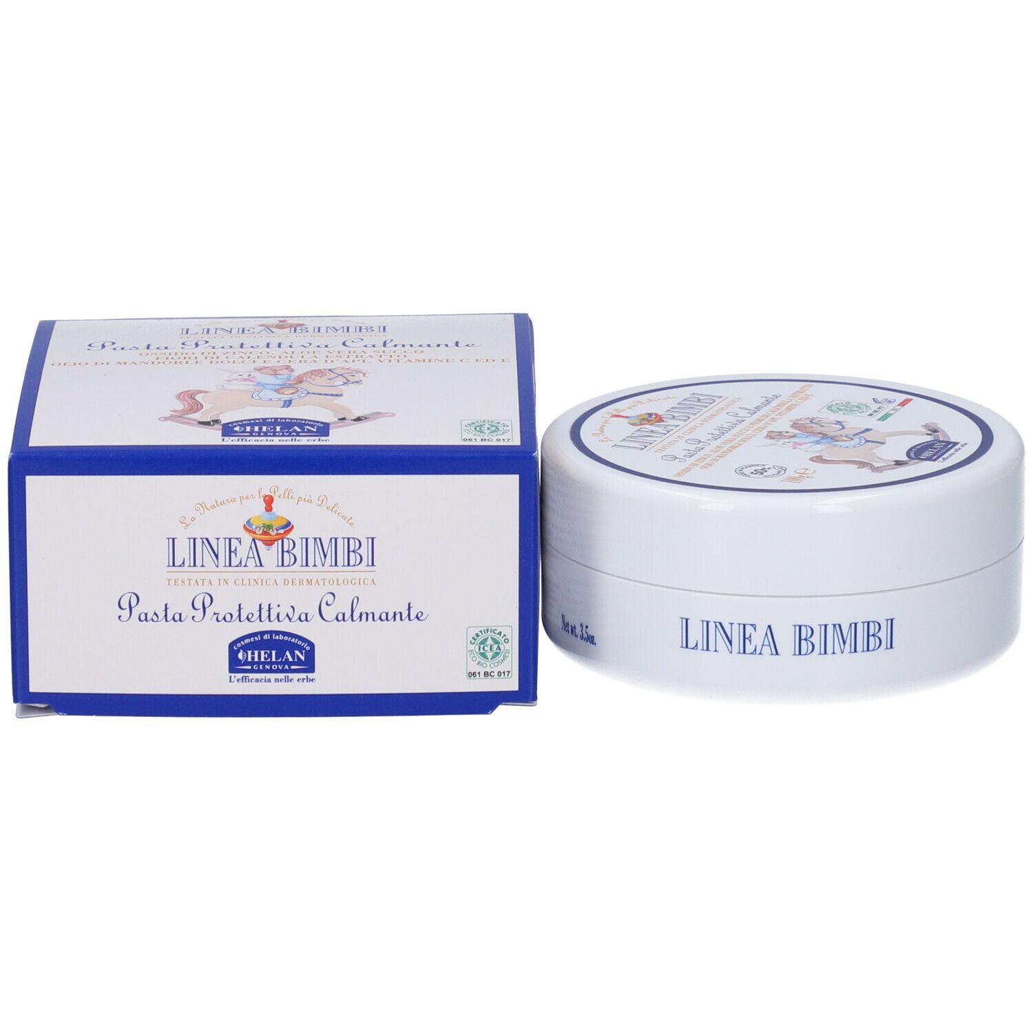 Confezione del prodotto: barattolo e scatola. Scritta: LINEA BIMBI Pasta Protettiva Calmante. Logo e nome del prodotto.